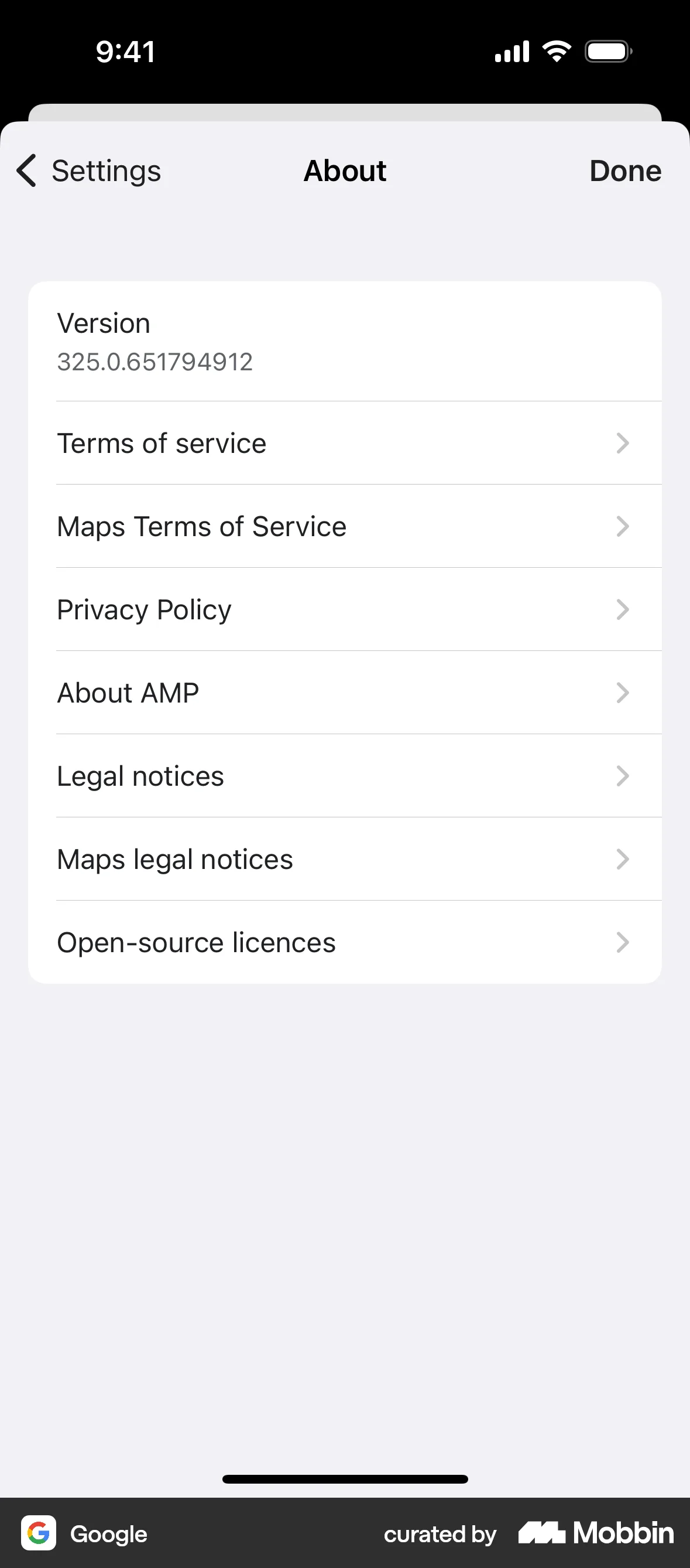 Google iOS About screen