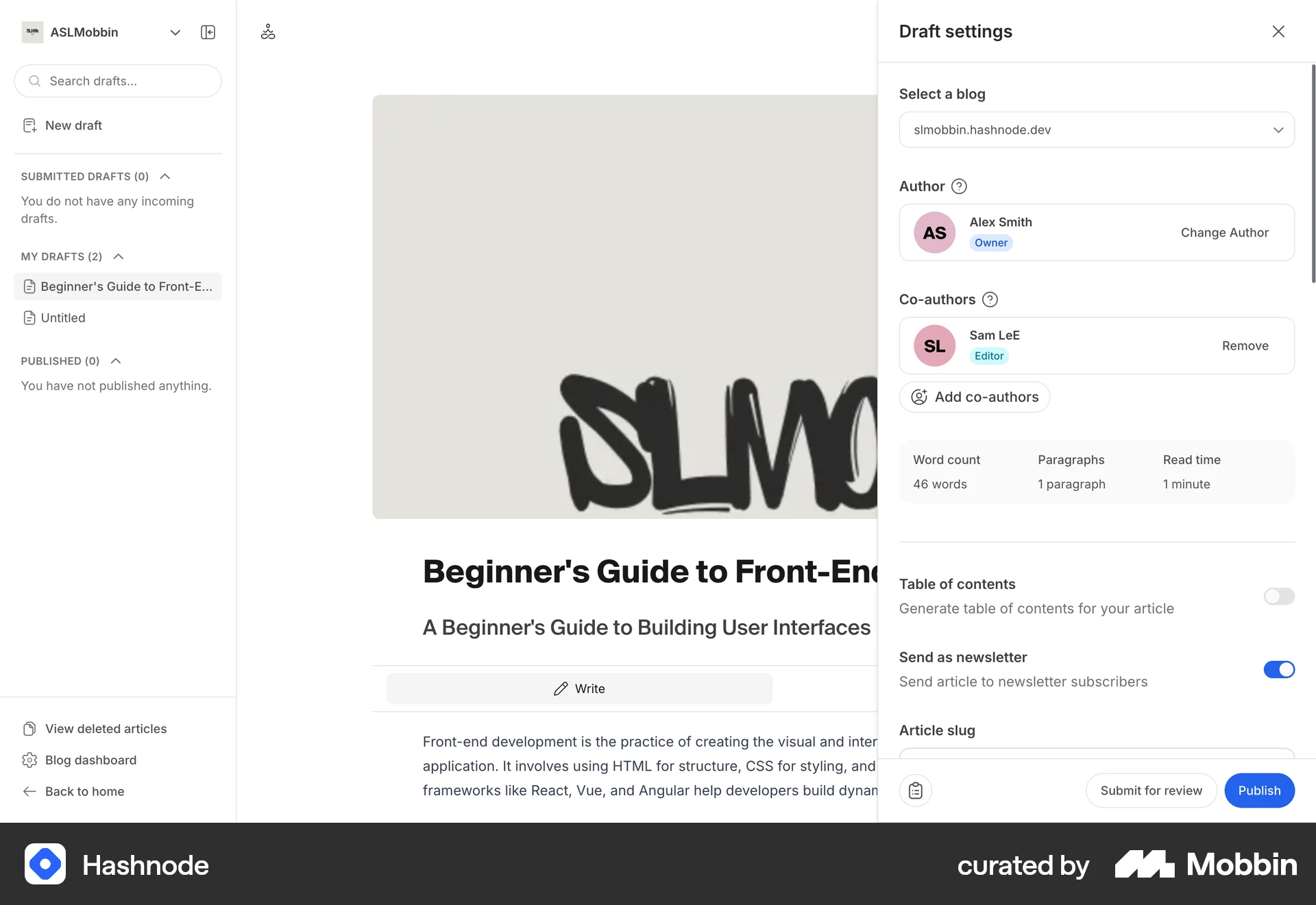 Hashnode Web screen containing Switch UI element