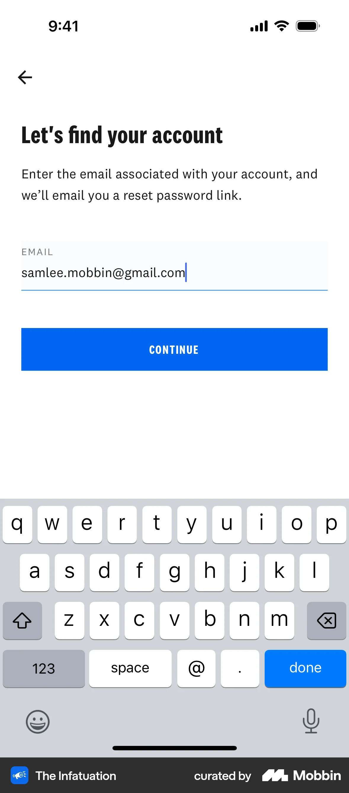 The Infatuation iOS Forgot Password screen