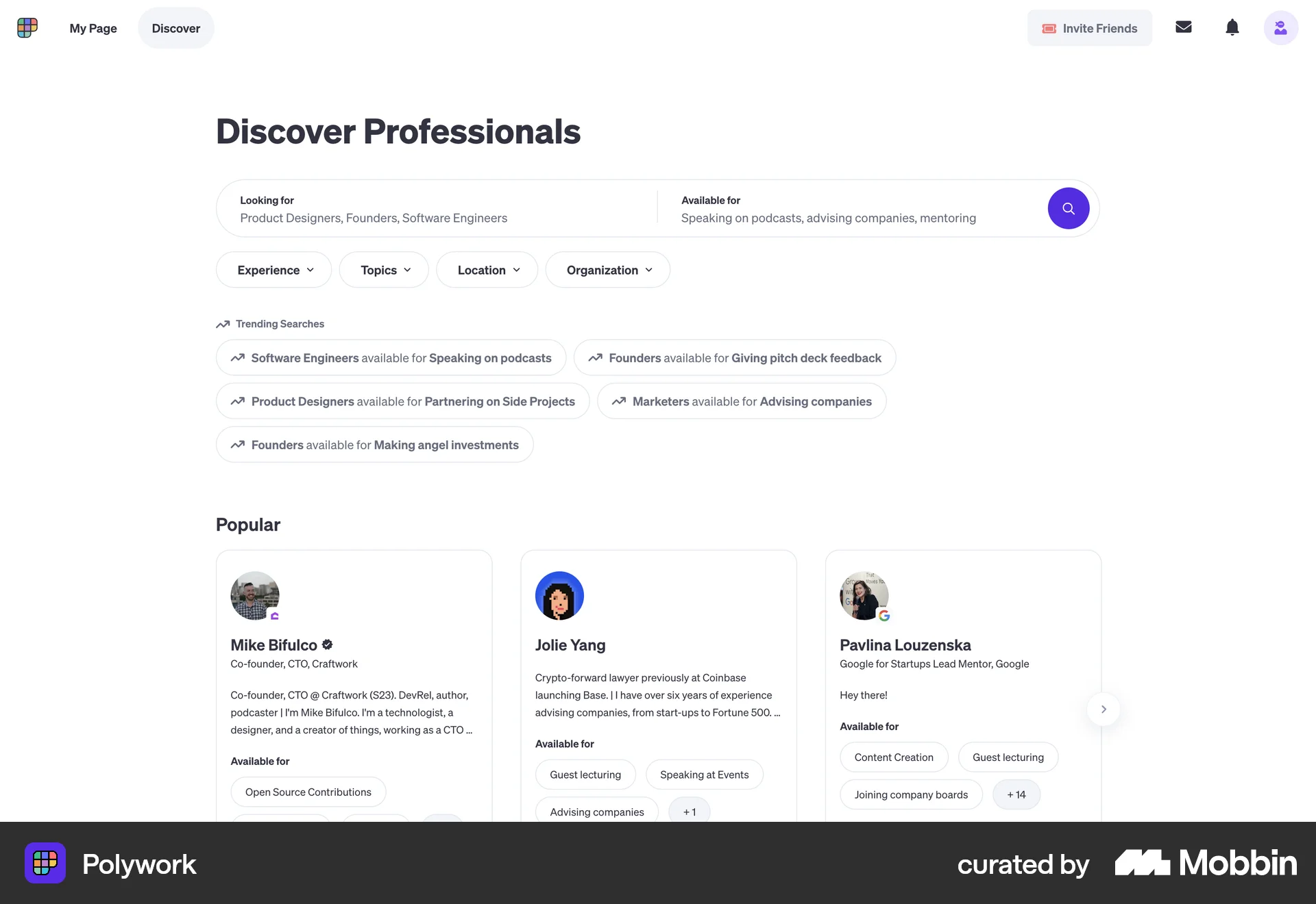 Polywork Web Browse & Discover screen