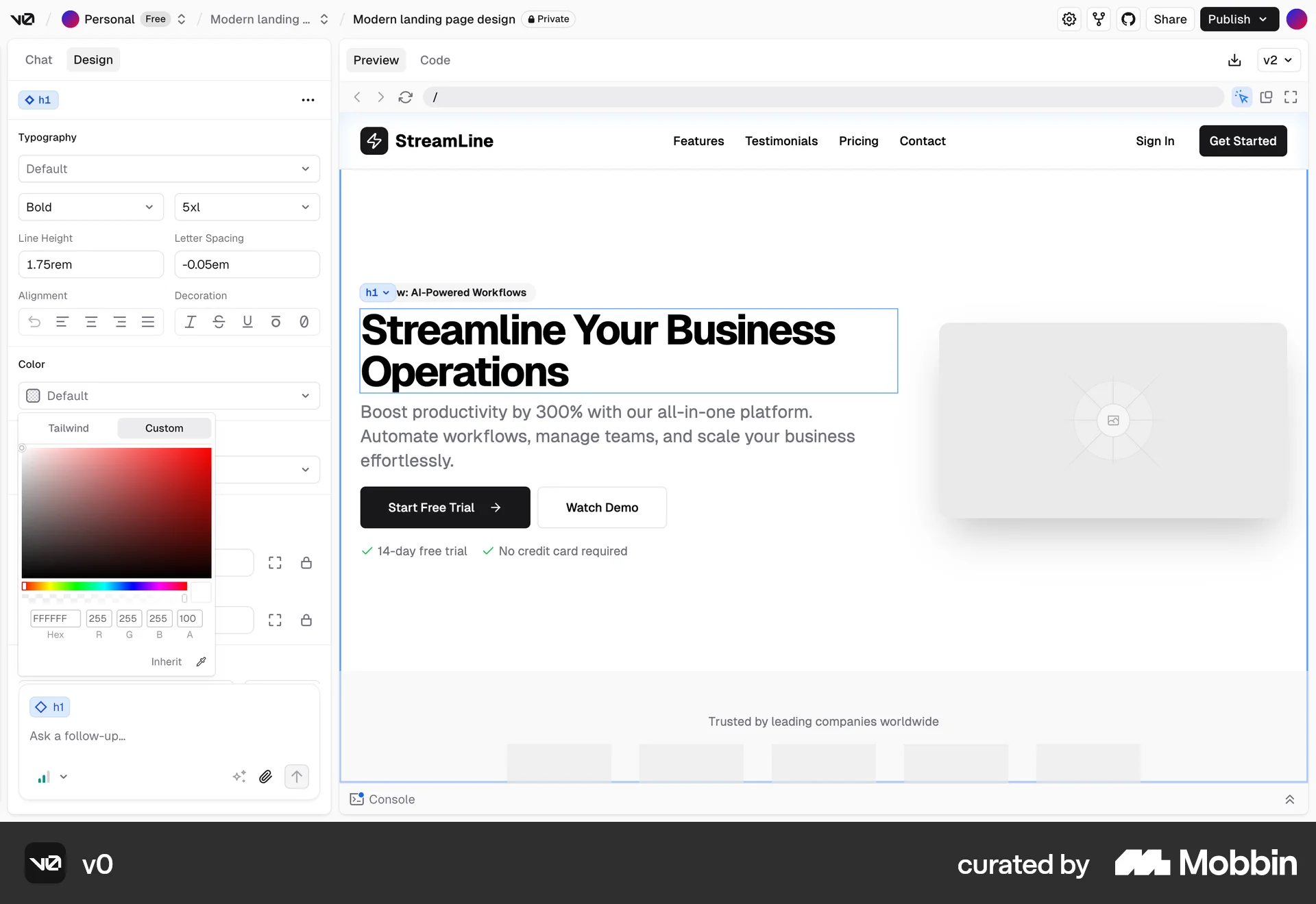 v0 Web screen containing Slider UI element