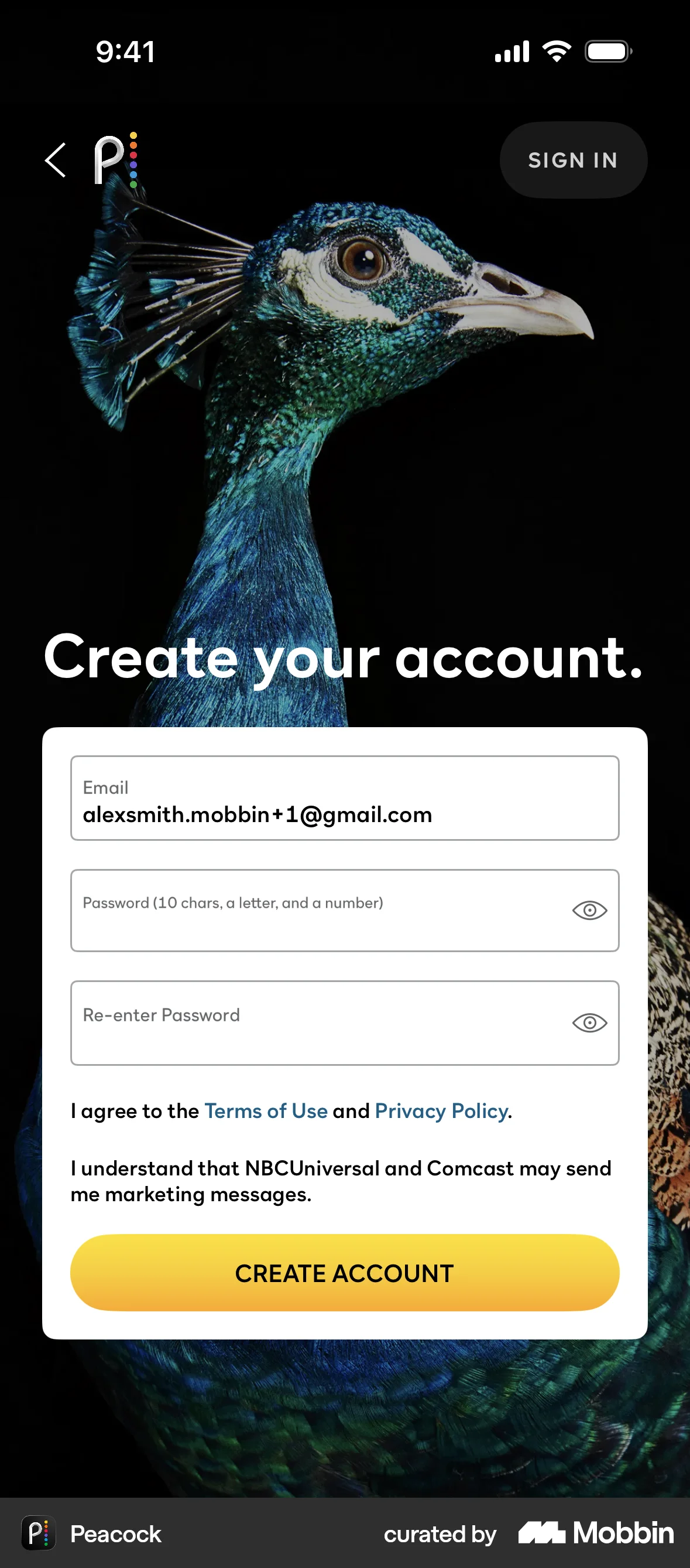 Peacock iOS Signup screen