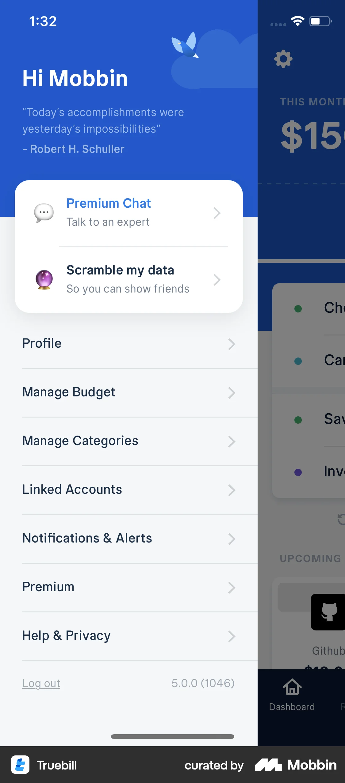 Truebill iOS screen containing Side Navigation UI element