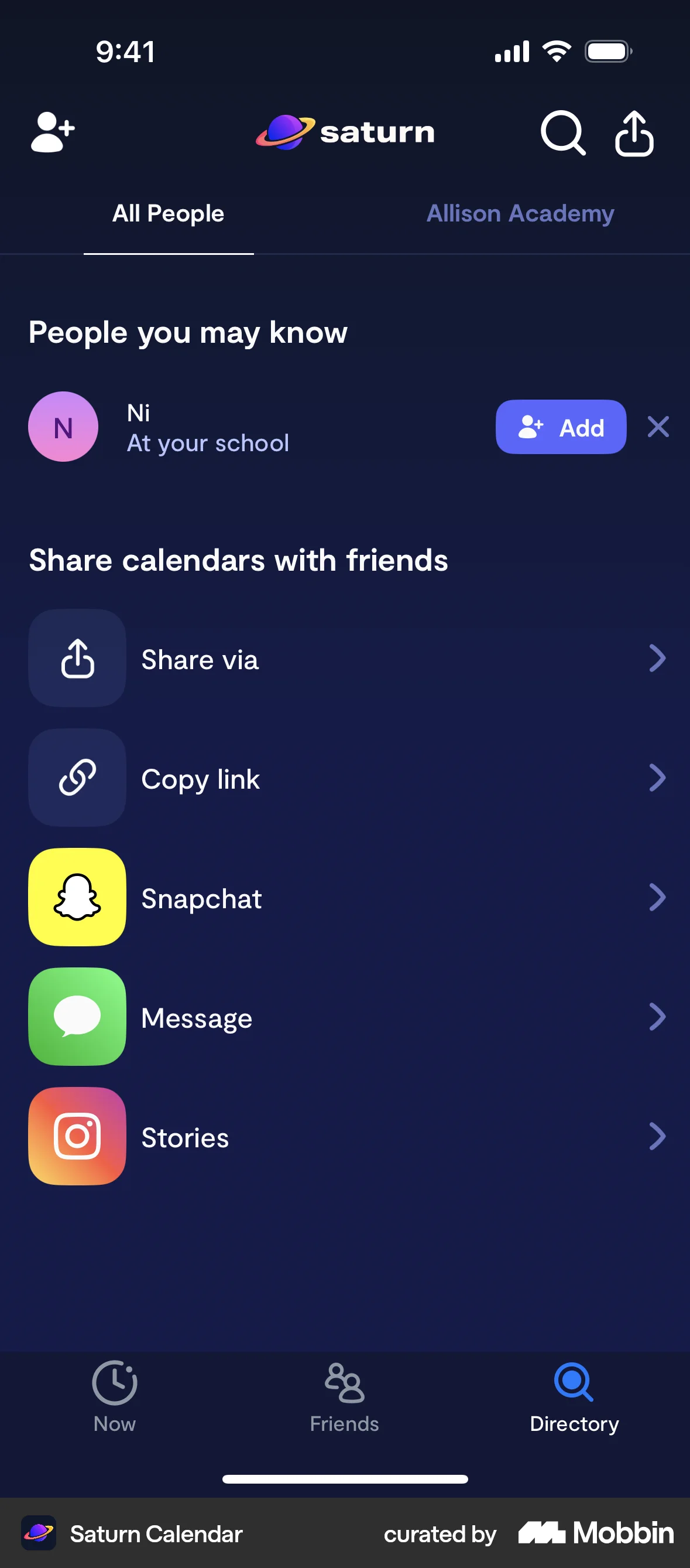 Saturn Calendar iOS Share screen