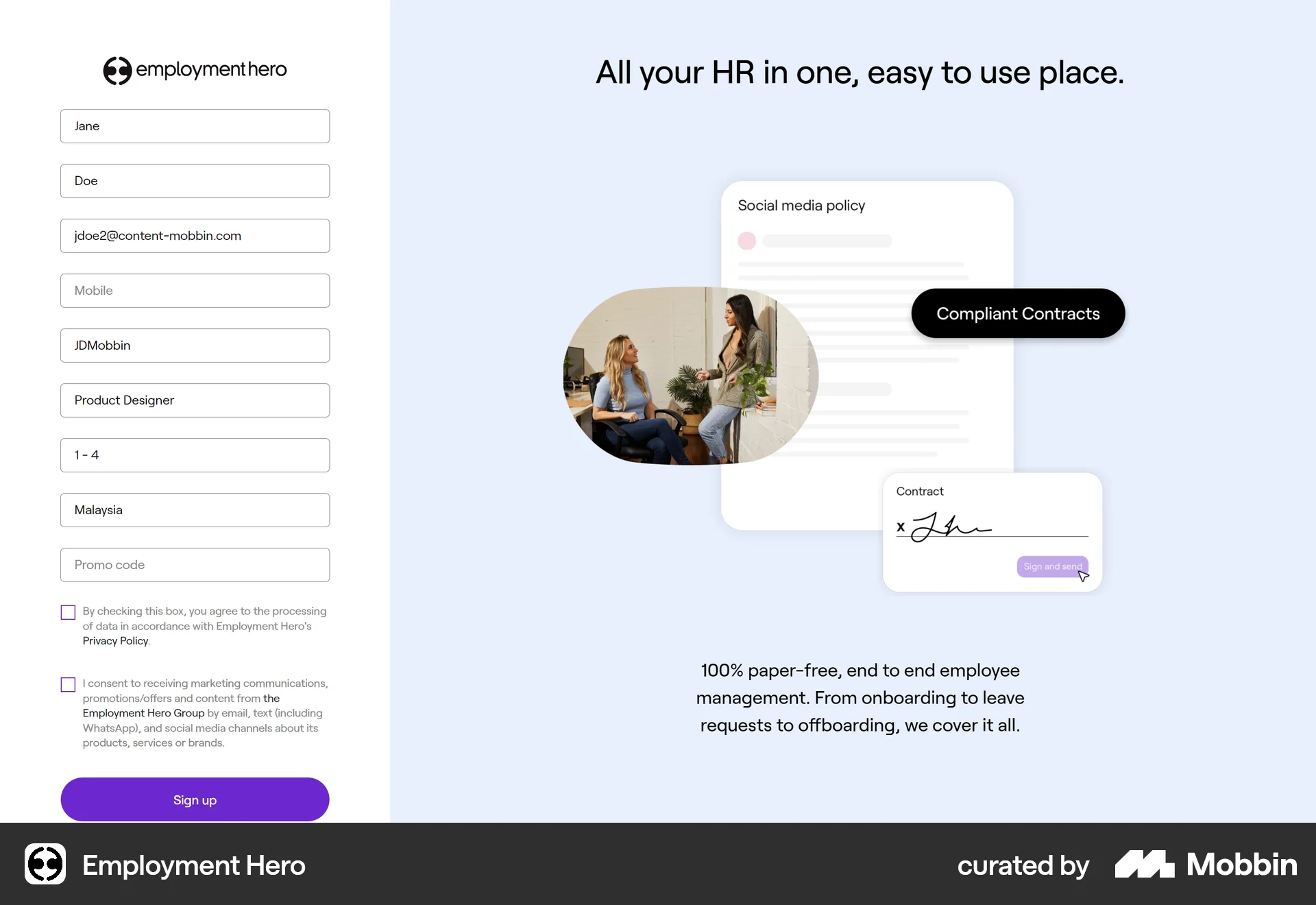 Employment Hero Web Signup screen