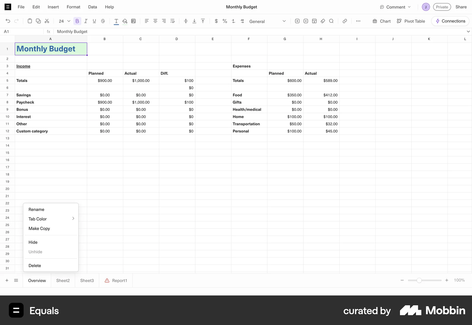 Equals Web screen containing Context Menu UI element