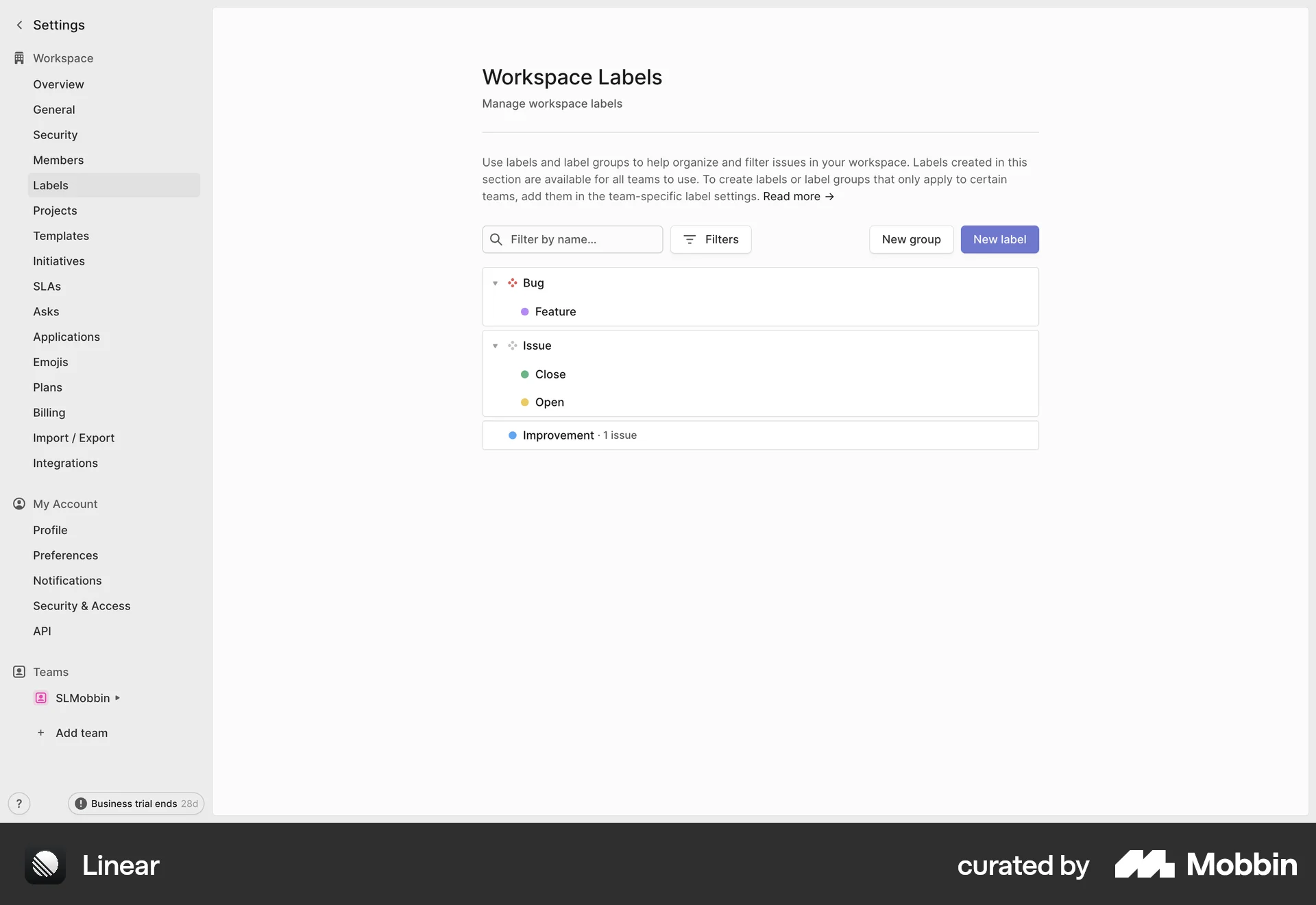 Linear Web screen containing Tree UI element