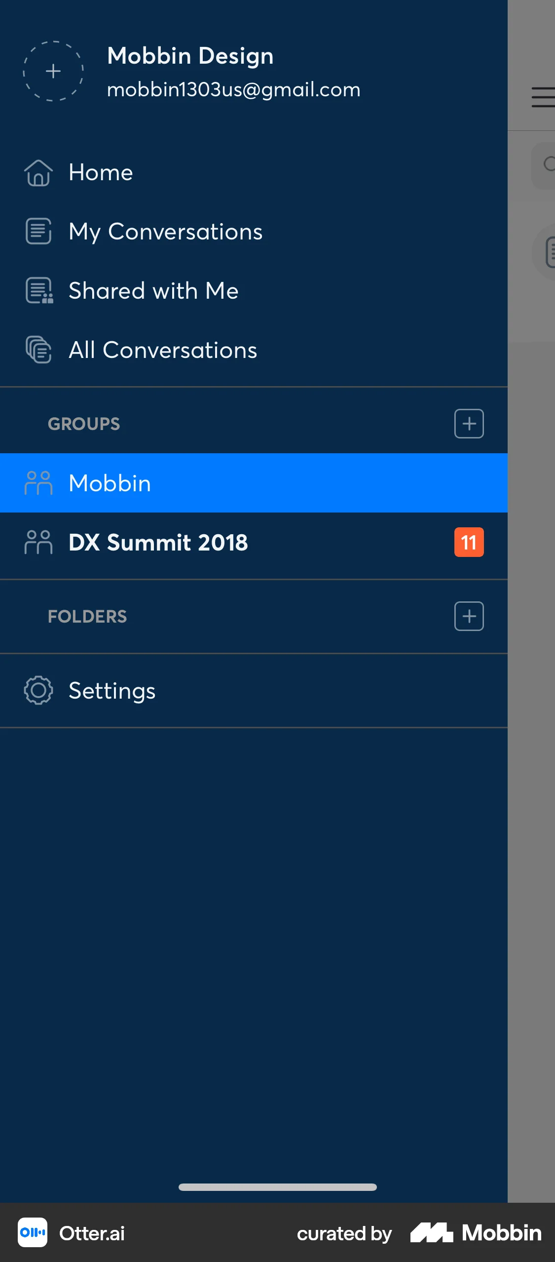 Otter.ai iOS screen containing Side Navigation UI element