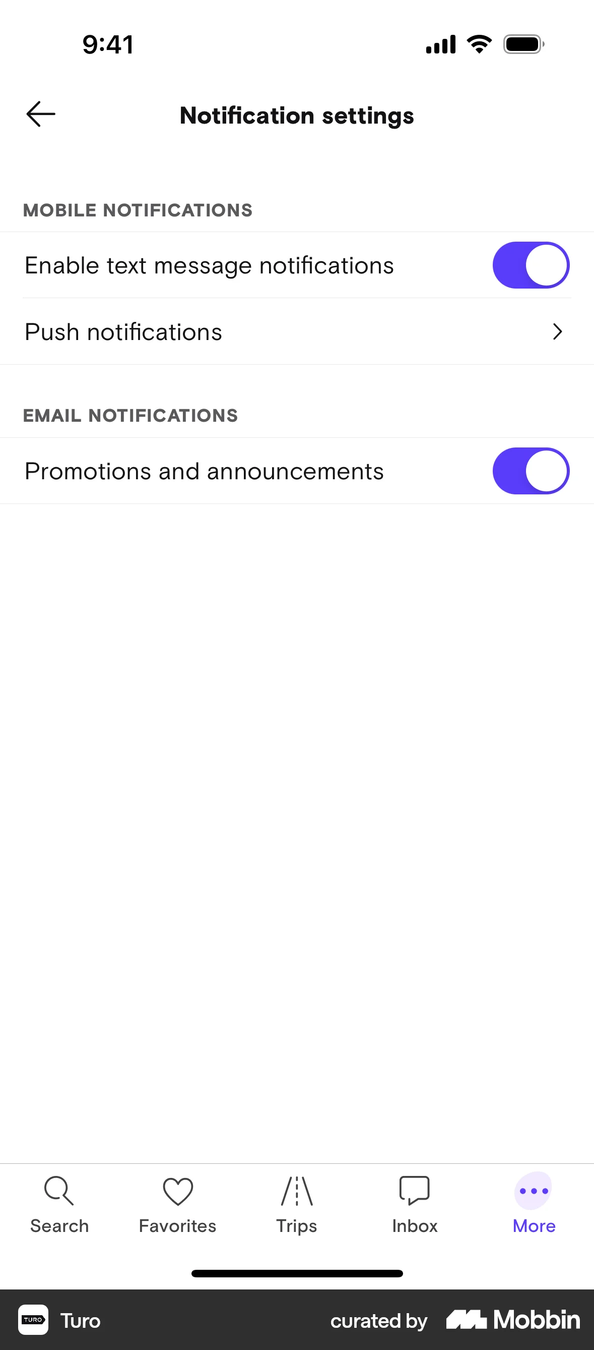 Turo iOS Settings & Preferences screen
