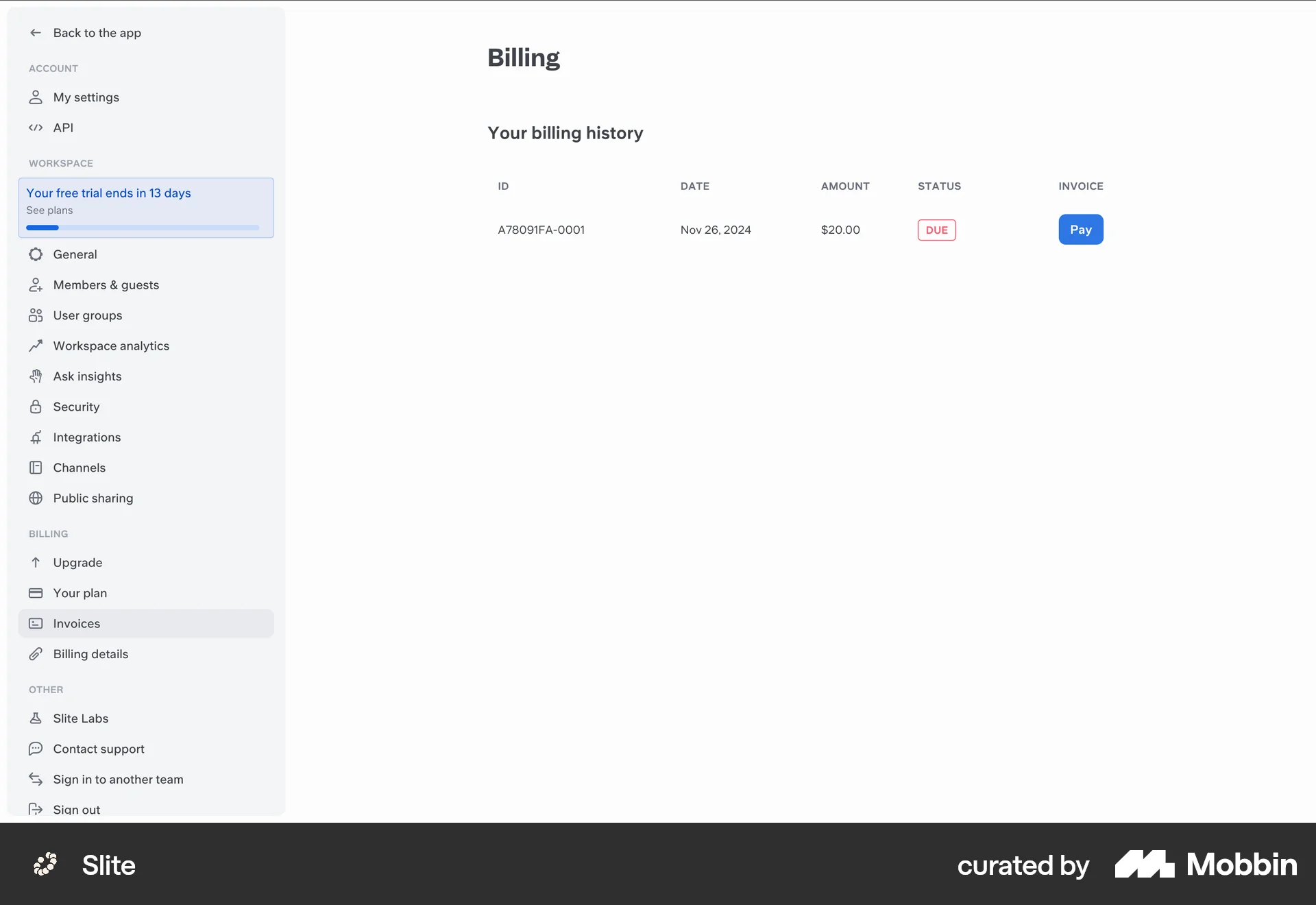 Slite Web Order History screen