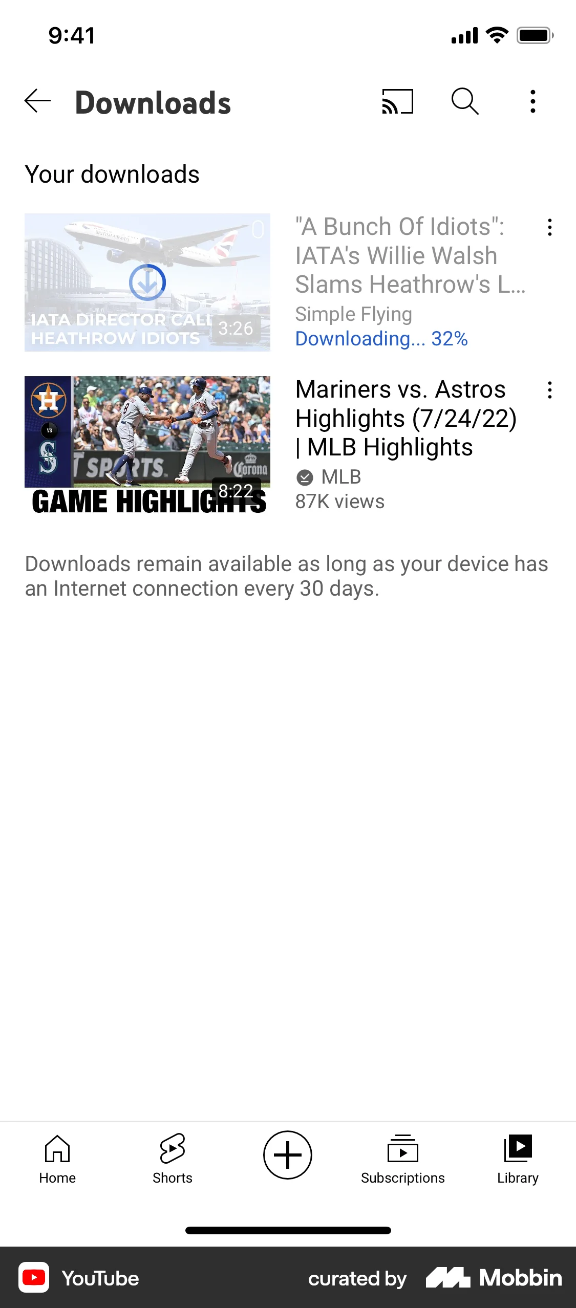 YouTube iOS Downloads & Available Offline screen