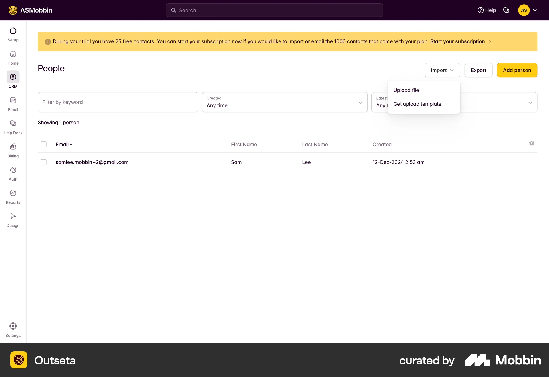Outseta Web Import & Export screen