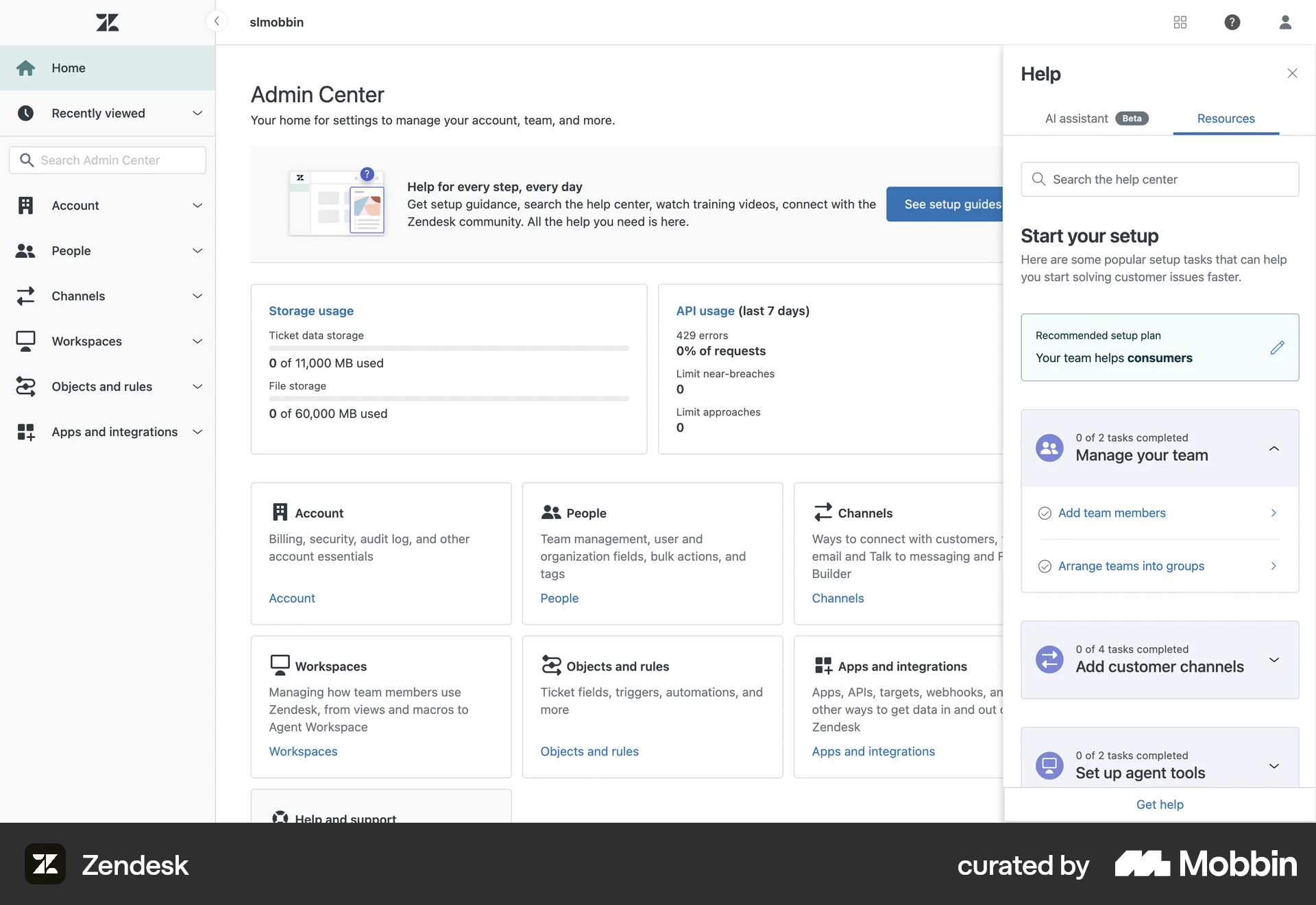 Zendesk Web Admin Dashboard screen
