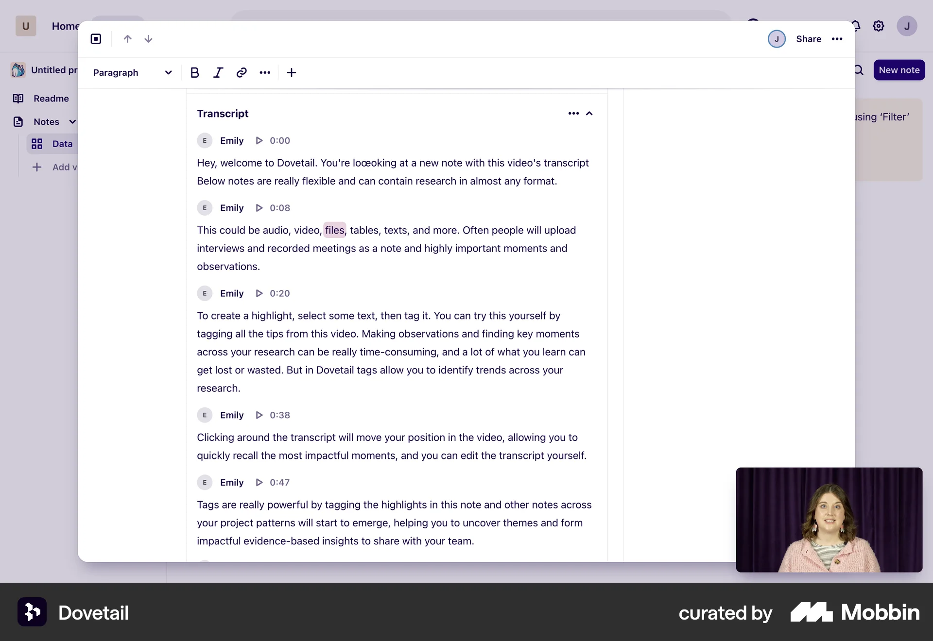Dovetail Web Note Detail screen