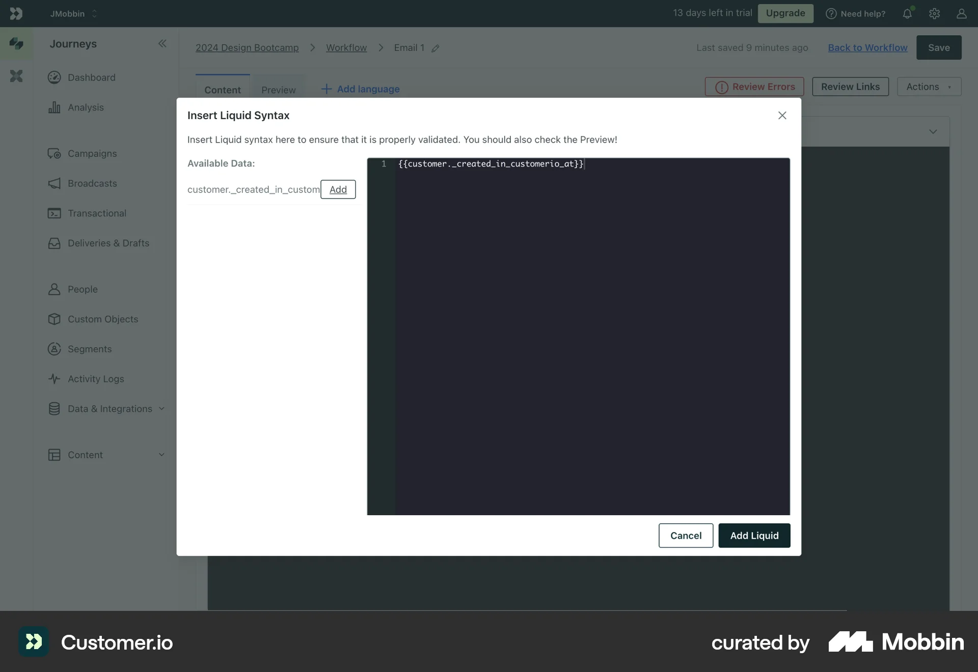 Customer.io Web Code Editor screen