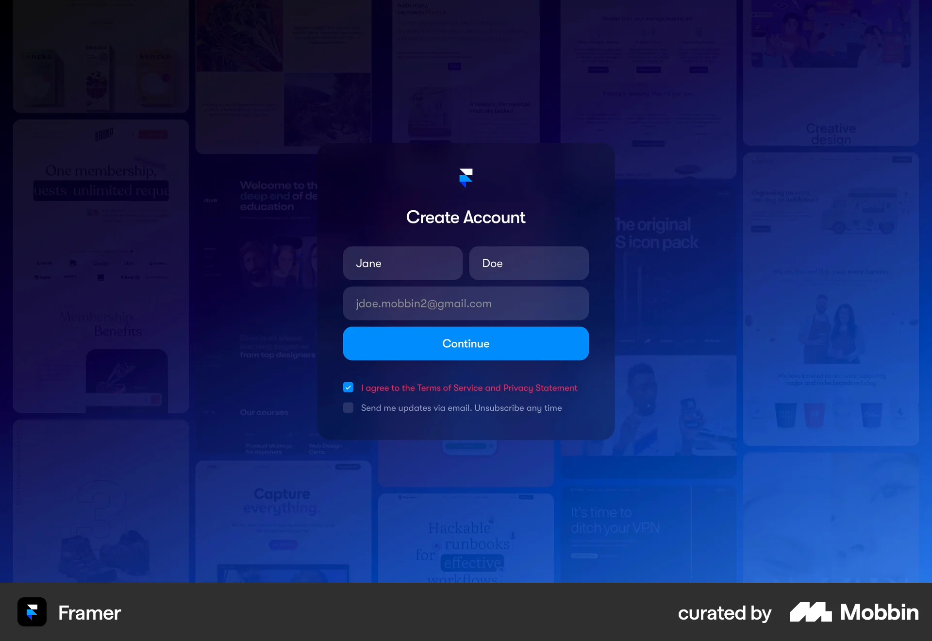 Framer Web Signup screen