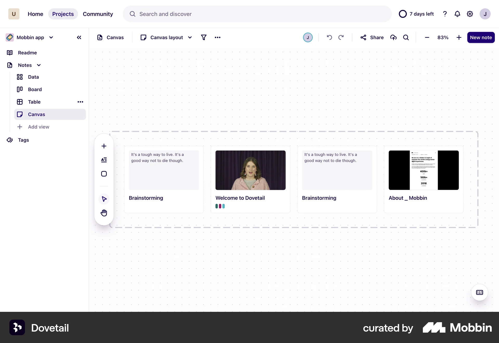 Dovetail Web Canvas screen