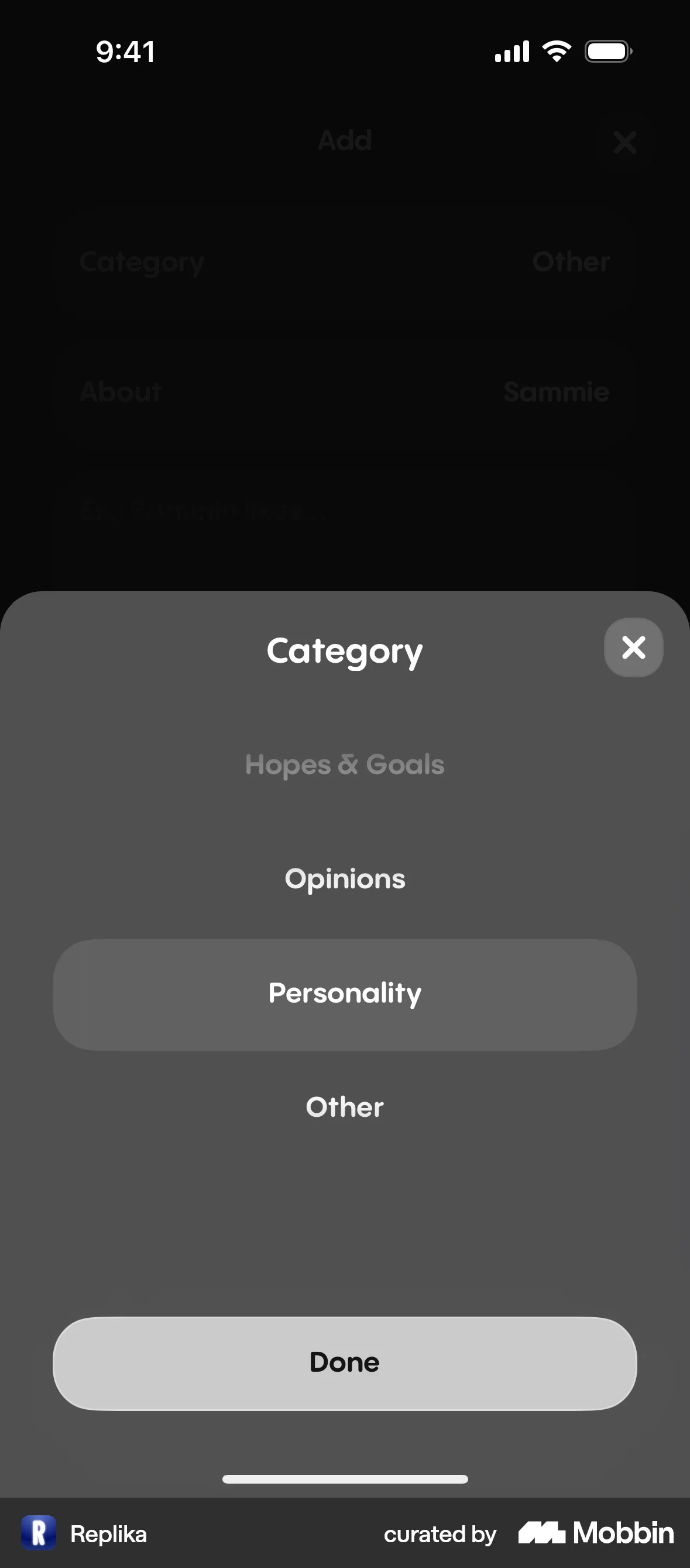 Replika iOS Glassmorphism screen