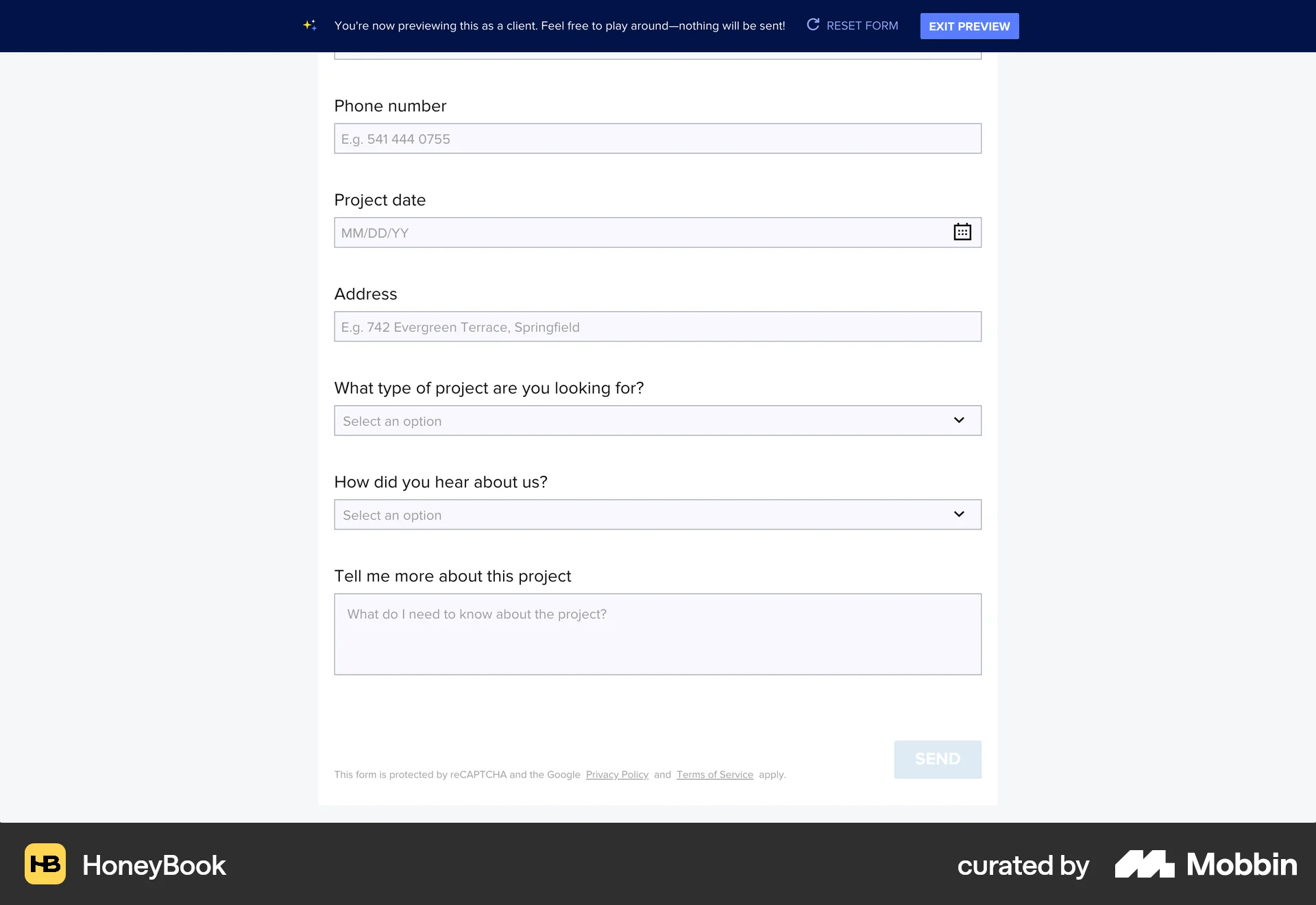 HoneyBook Web Web Form UI screen
