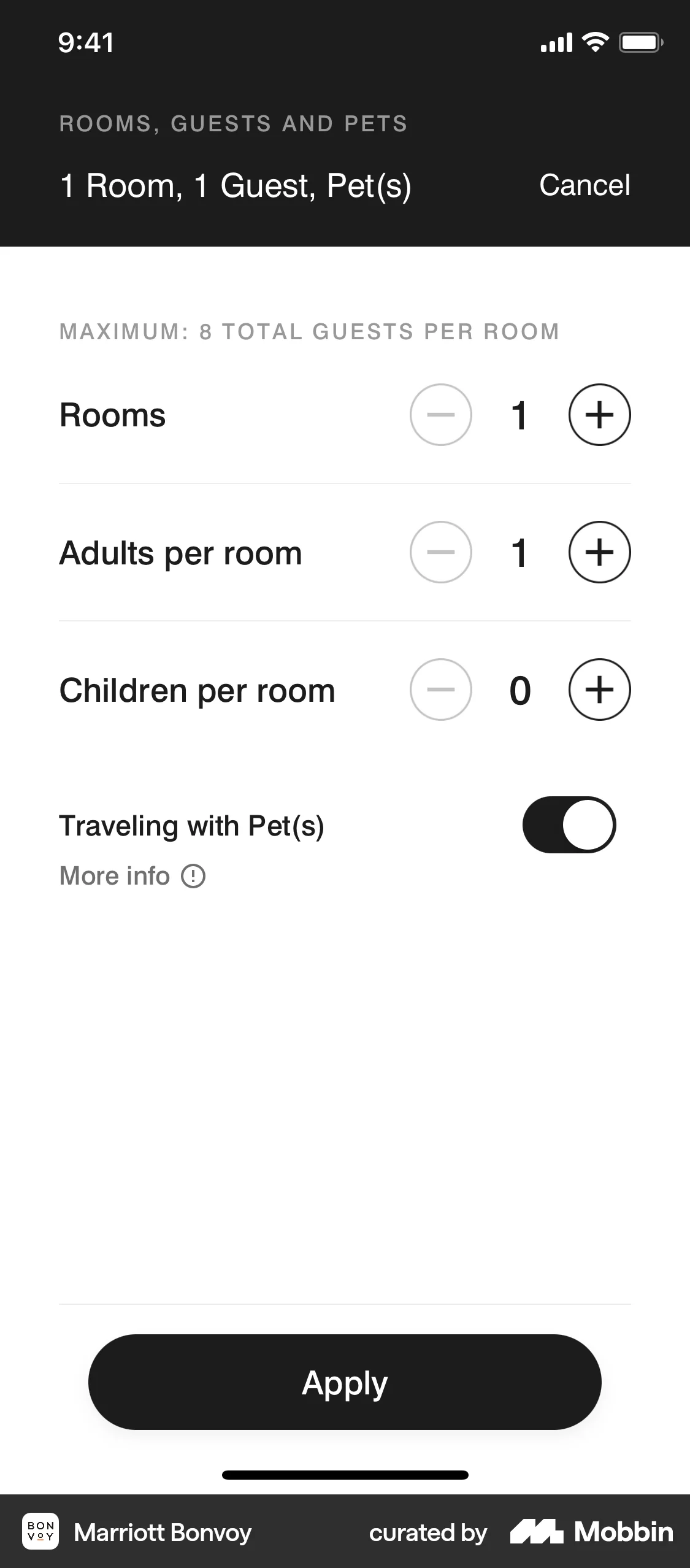 Marriott Bonvoy iOS screen containing Stepper UI element
