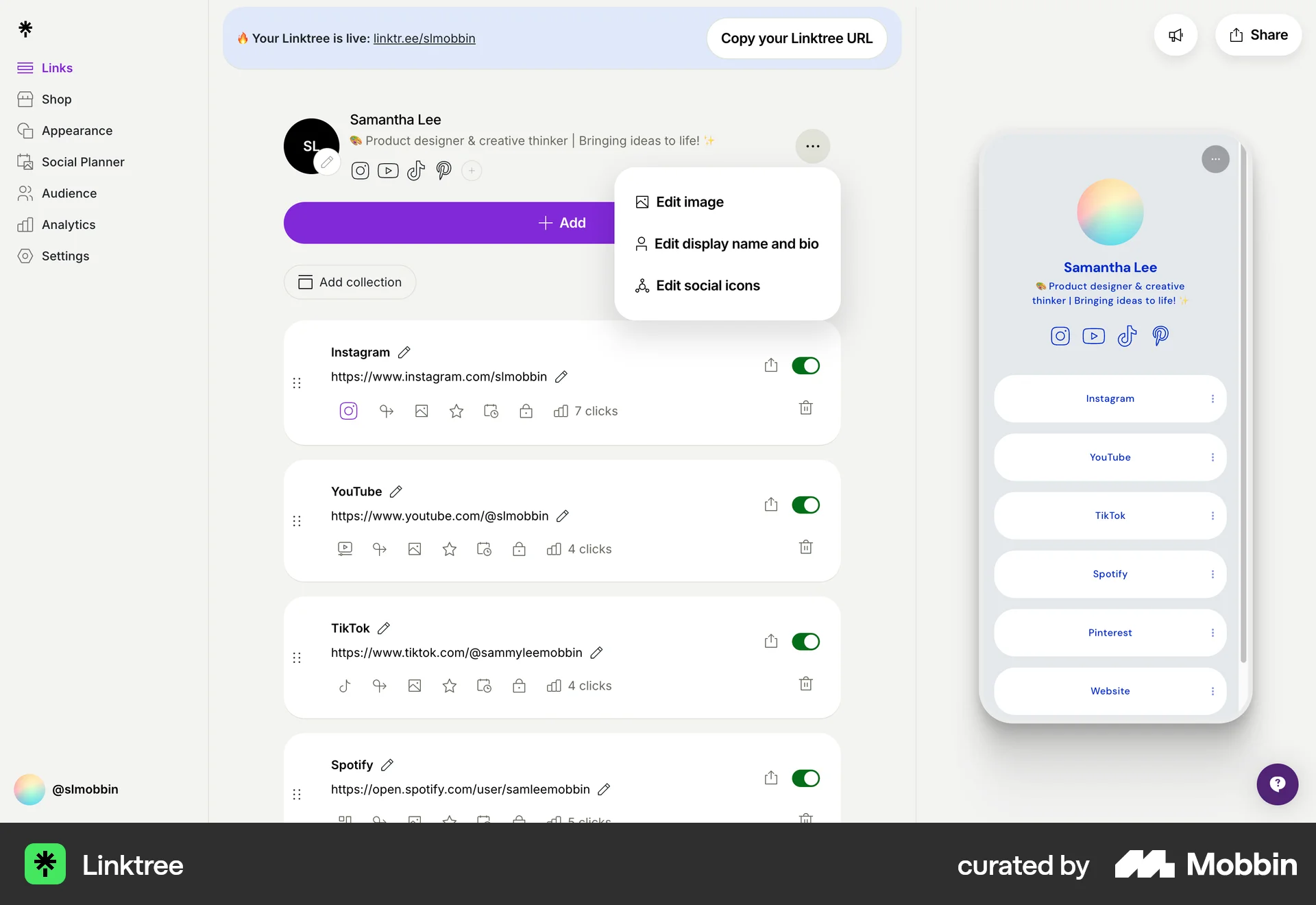Linktree Web Action Option screen