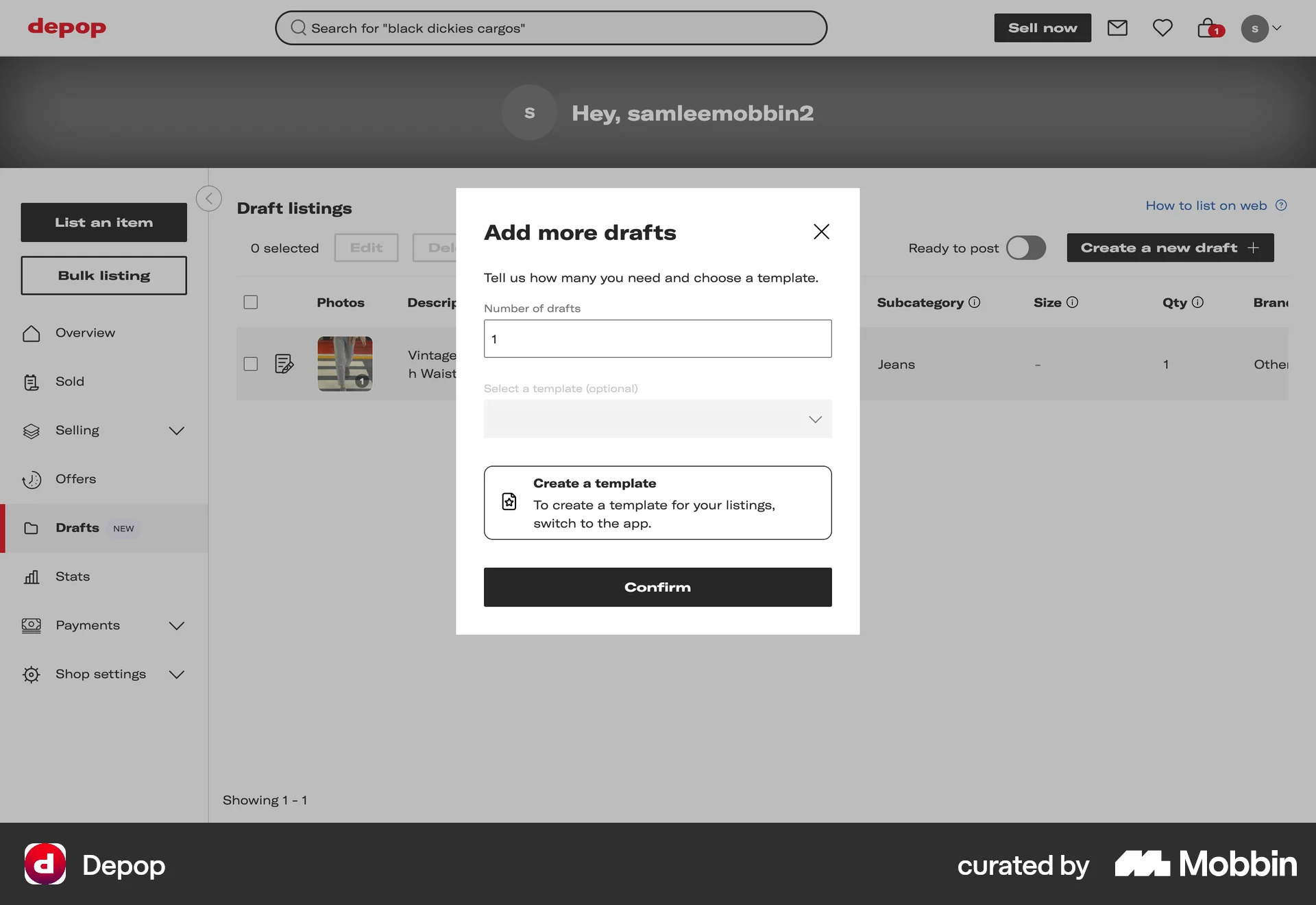 Depop Web Add & Create screen