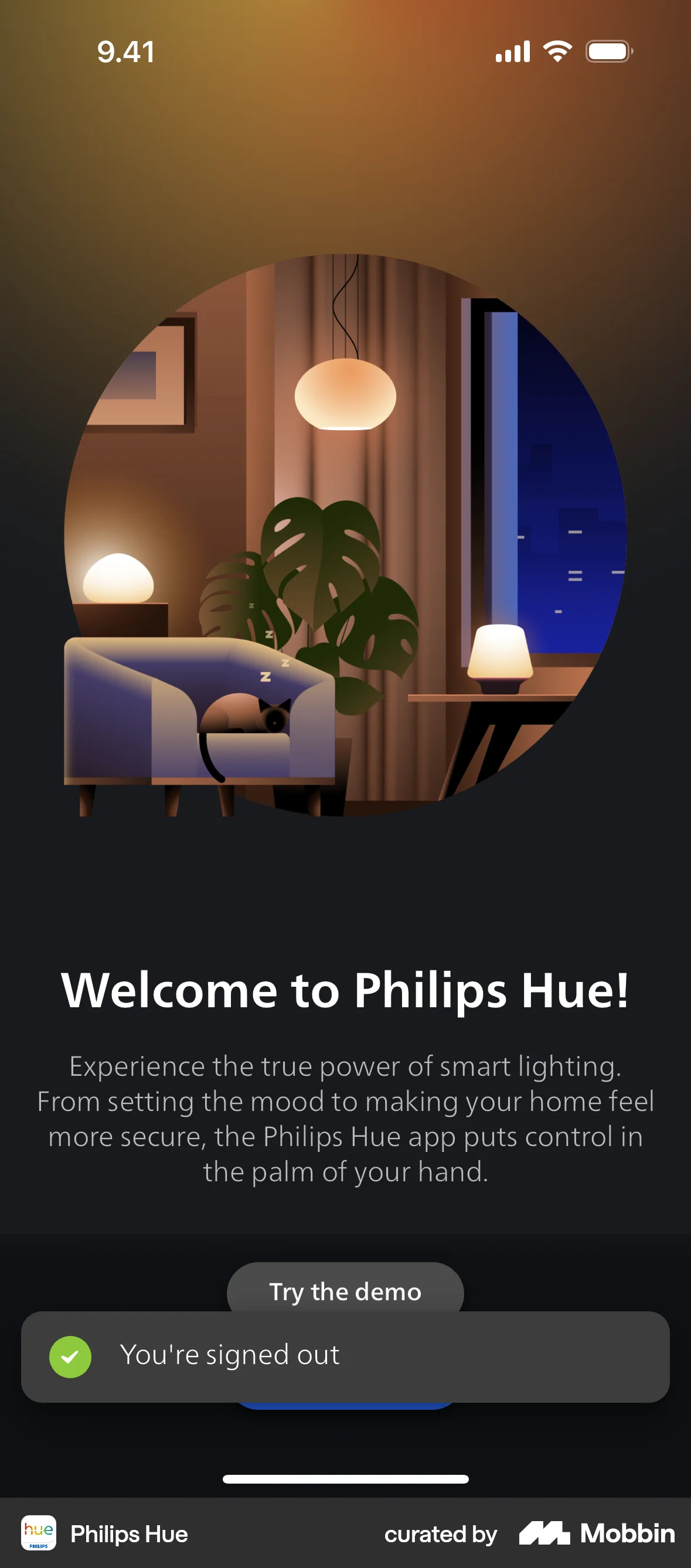 Philips Hue iOS screen containing Toast UI element