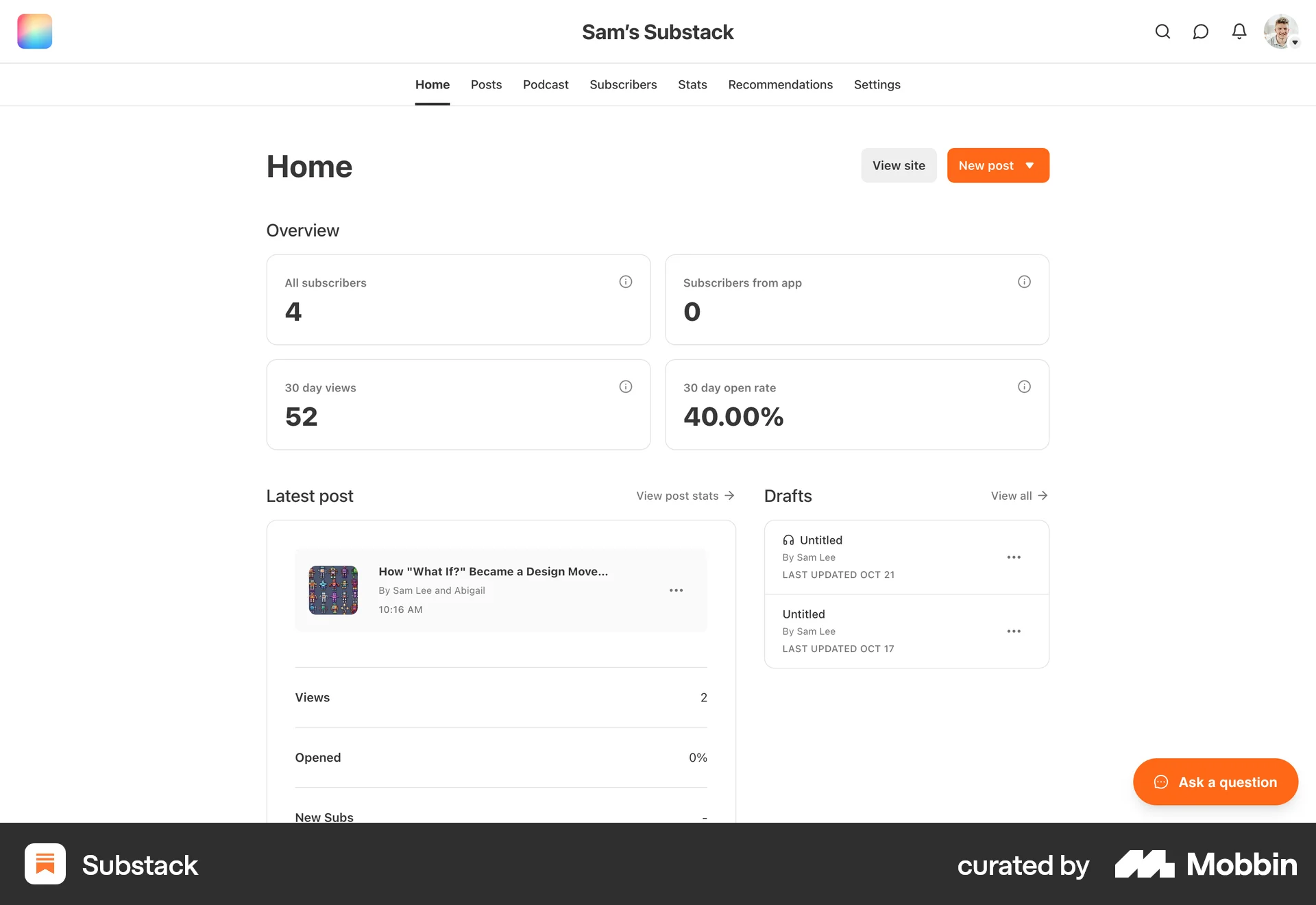 Substack Web Dashboard screen