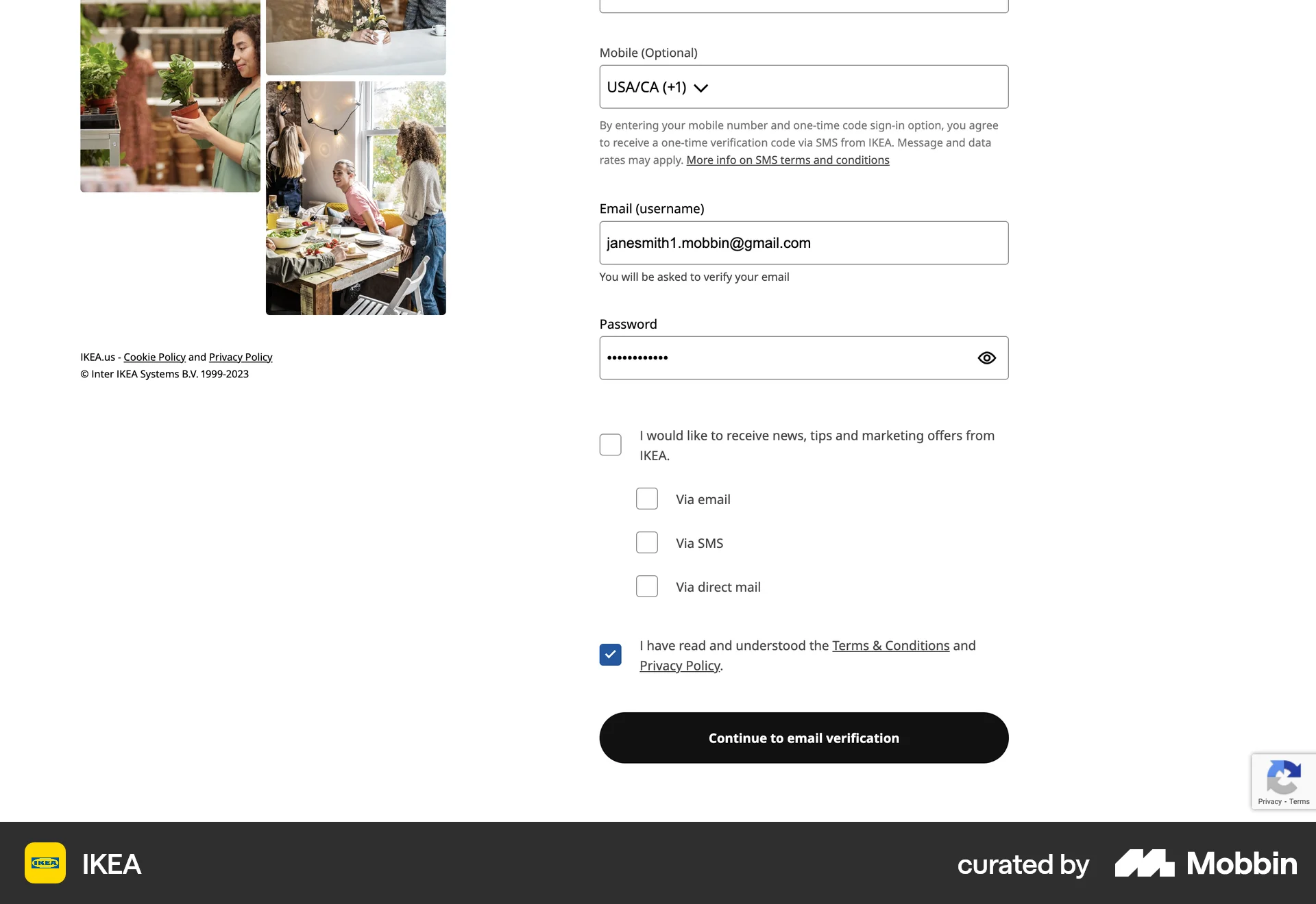 IKEA Web Signup screen