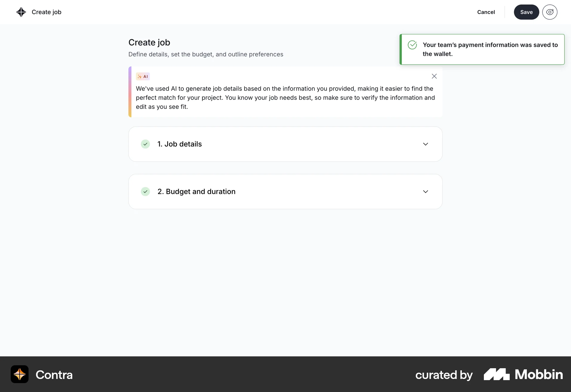 Contra Web screen containing Toast UI element