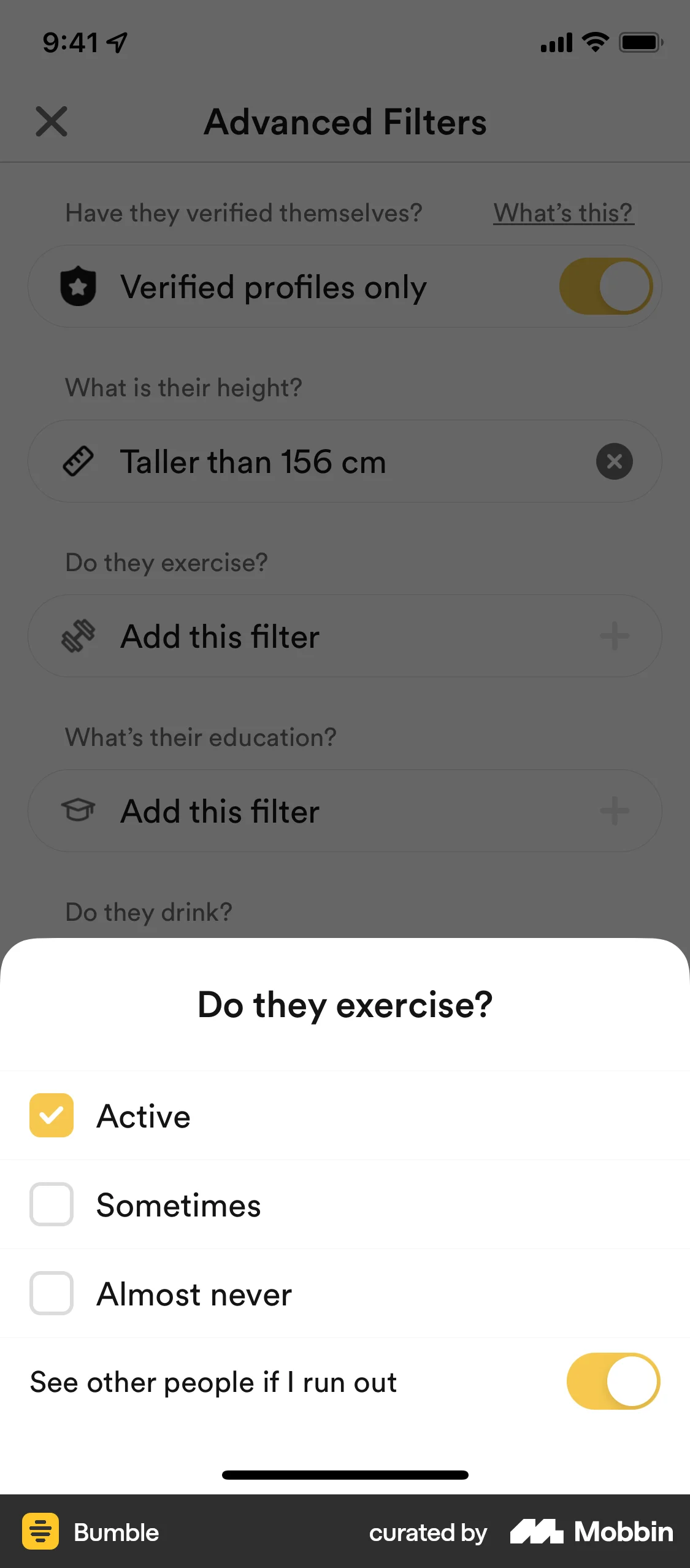 Bumble iOS screen containing Checkbox UI element