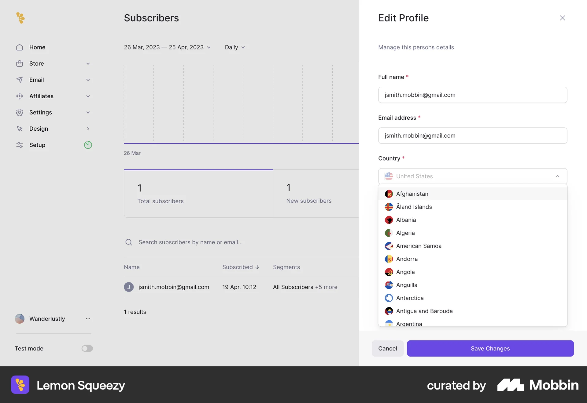 Lemon Squeezy Web screen containing Combobox UI element
