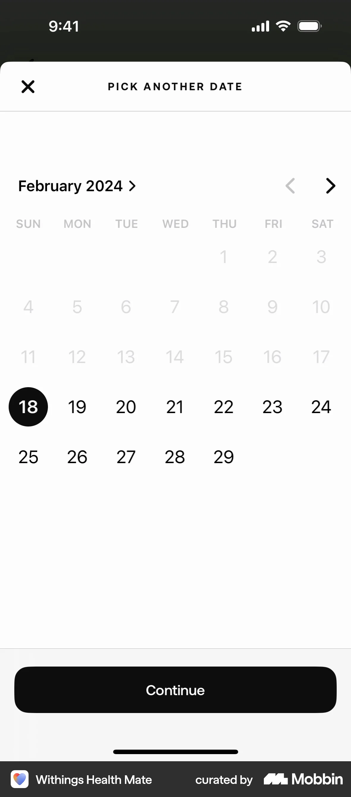Withings Health Mate iOS Calendar screen