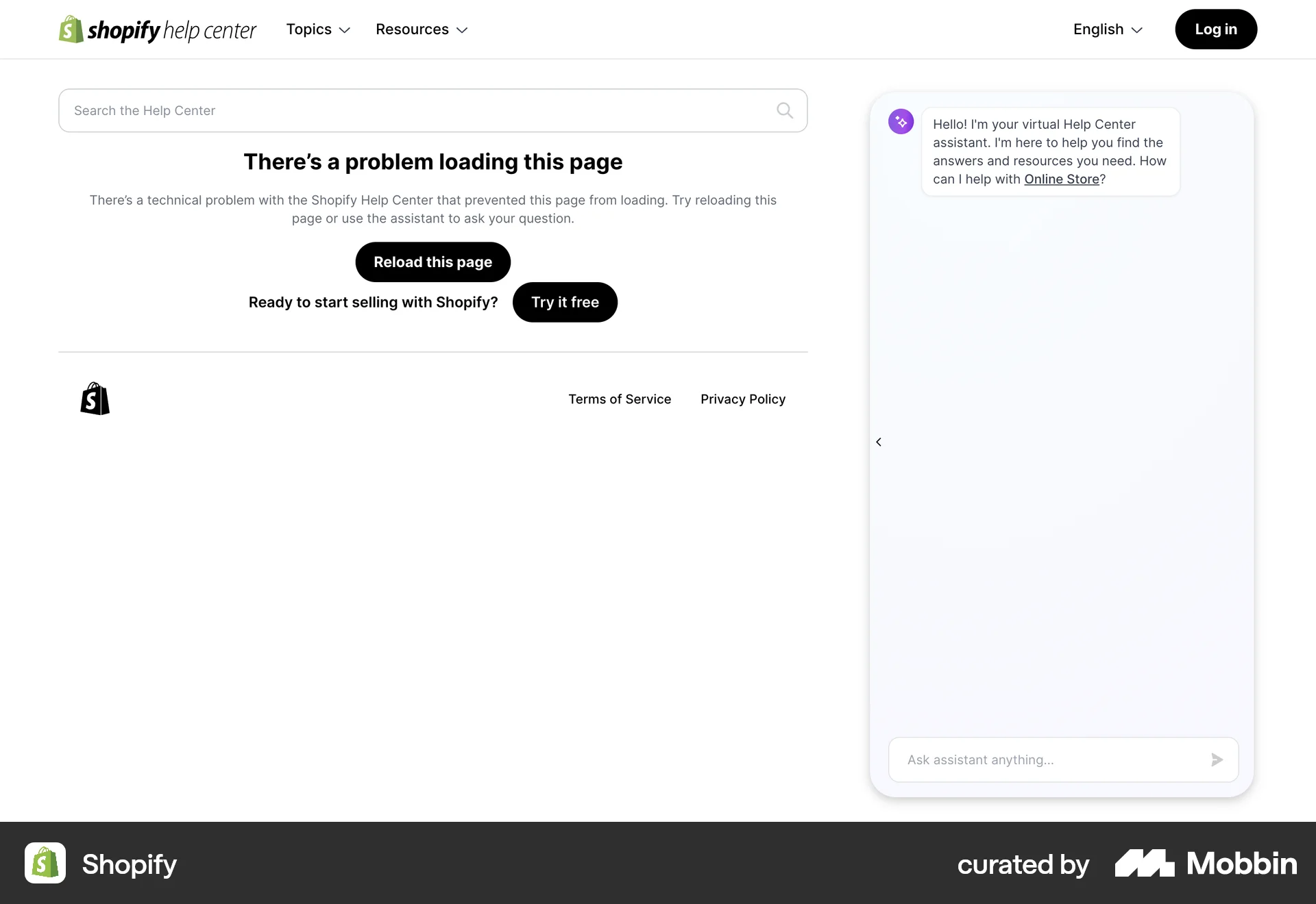 Shopify Web Error screen