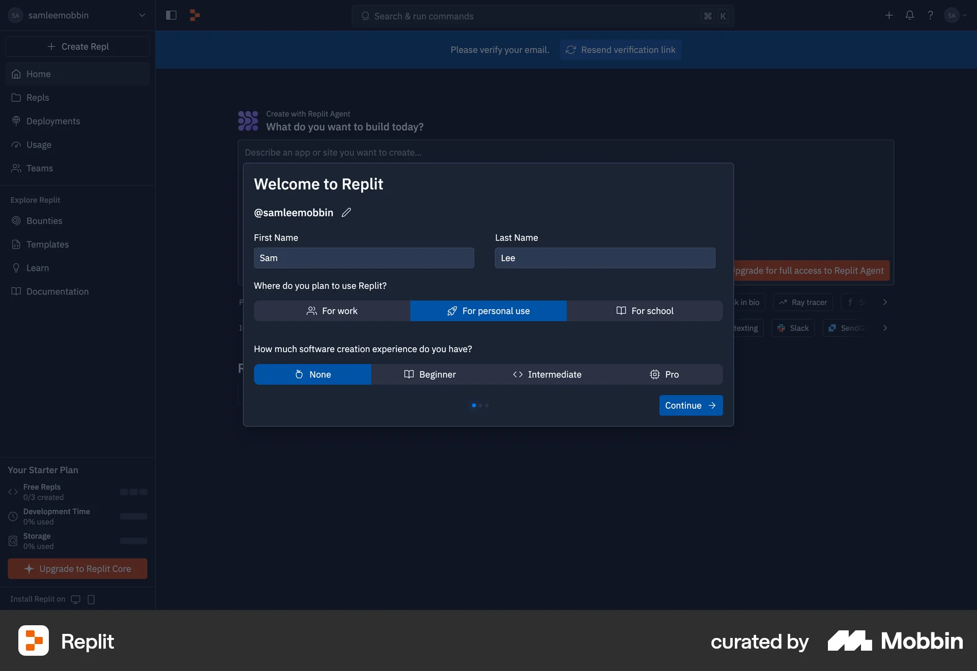 Replit Web Account Setup screen