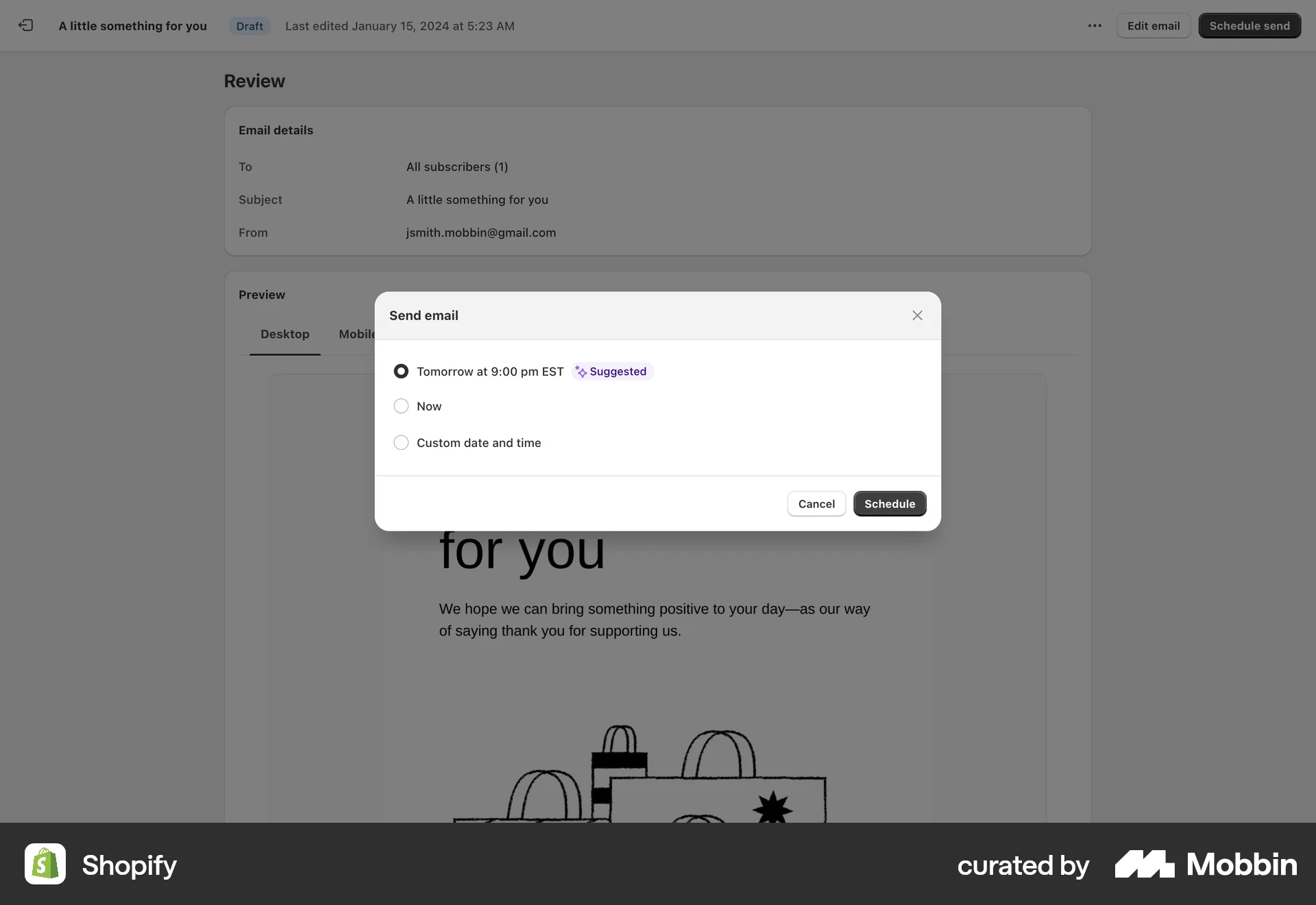Shopify Web Schedule screen