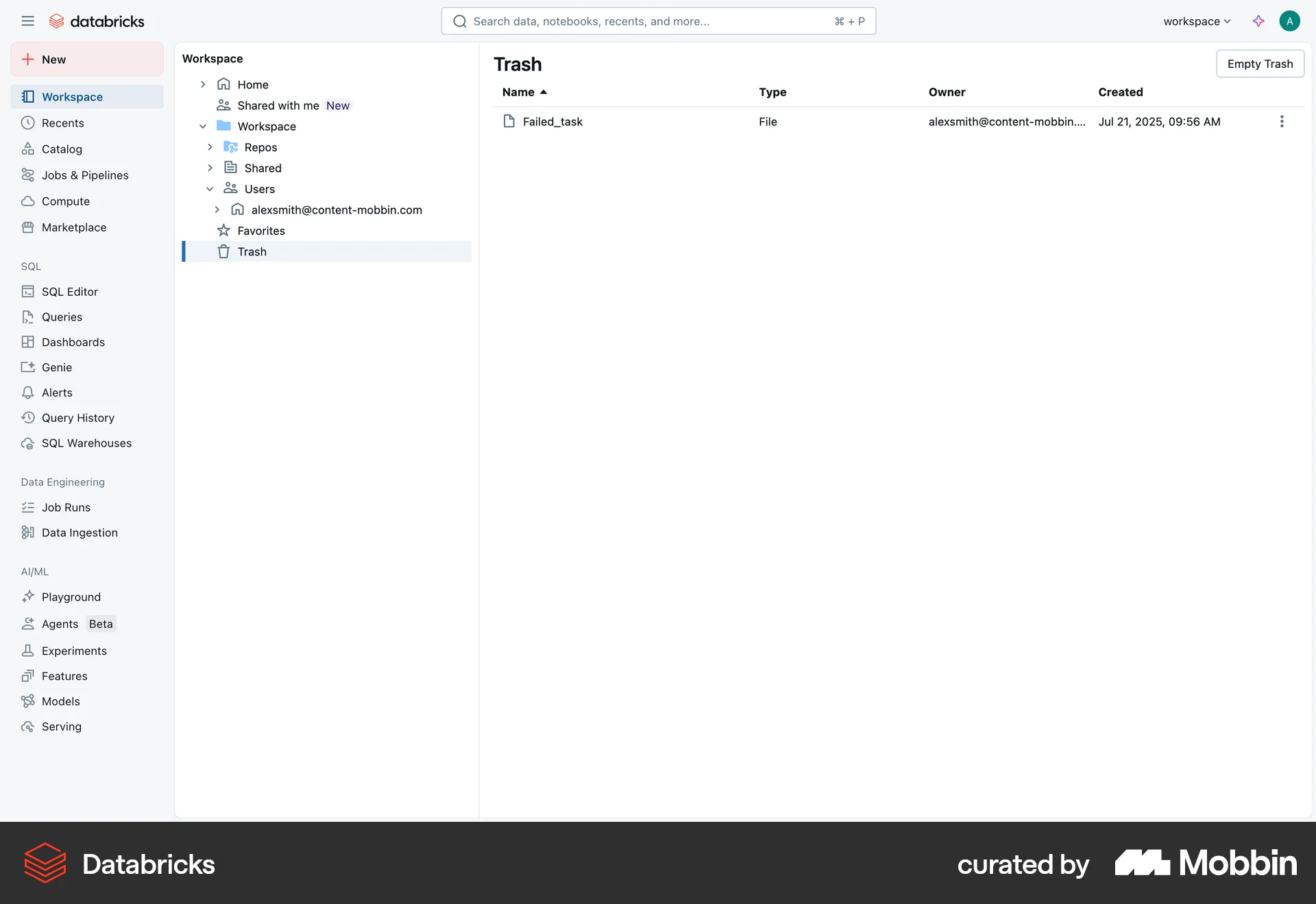 Databricks Web Trash & Archive screen