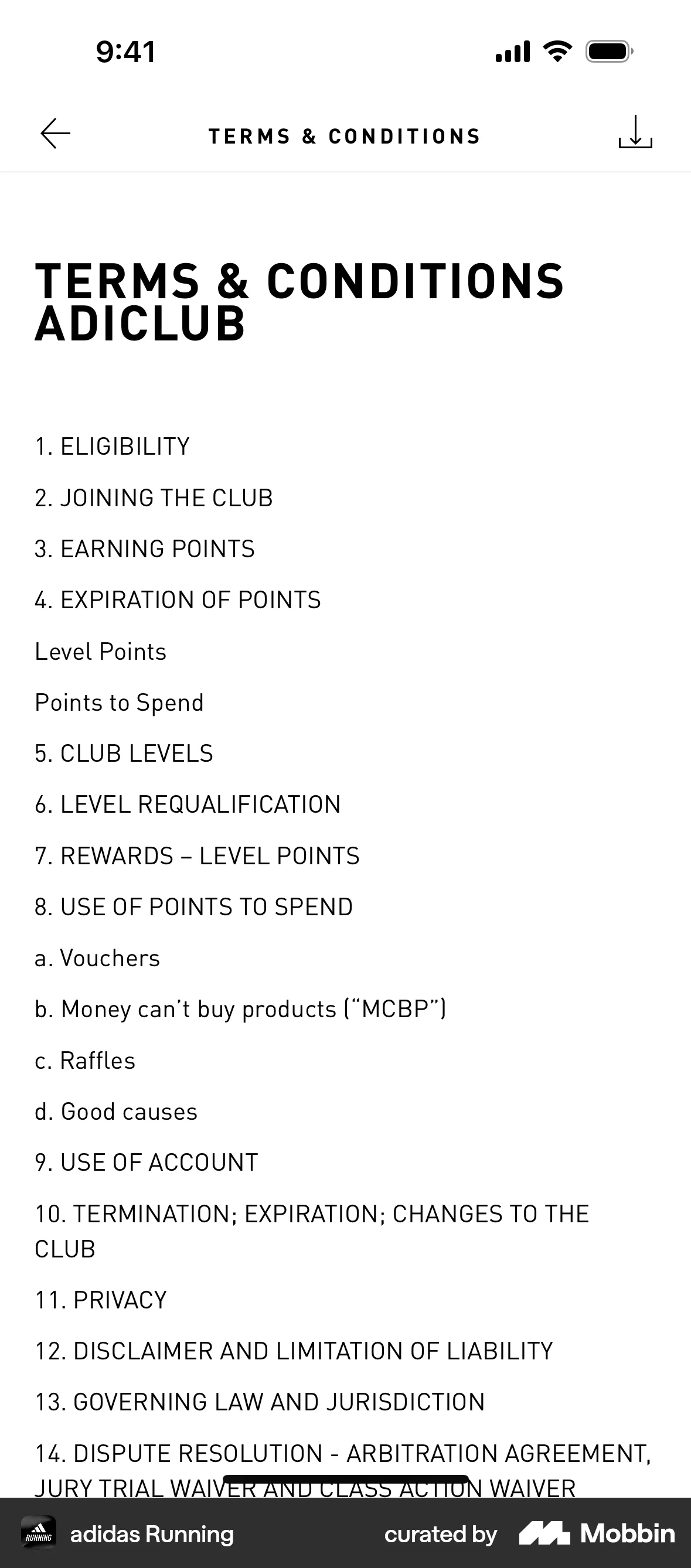 adidas Running iOS Terms & Conditions screen