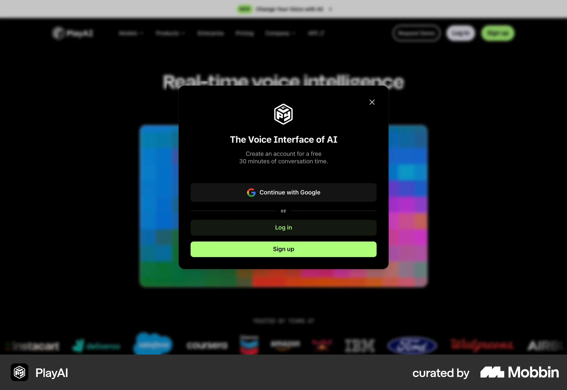 PlayAI Web screen containing Modal UI UI element