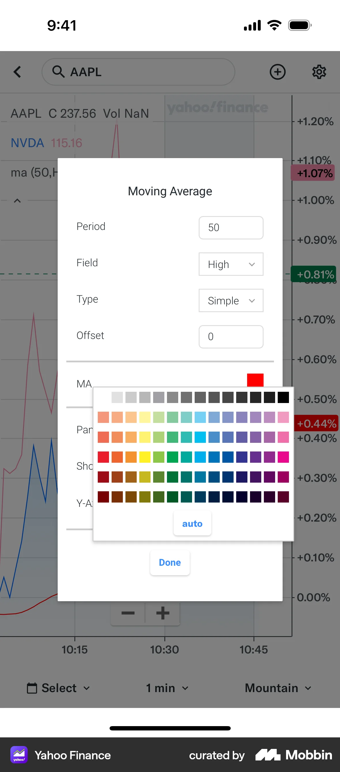 Yahoo Finance iOS screen containing Color Picker UI element