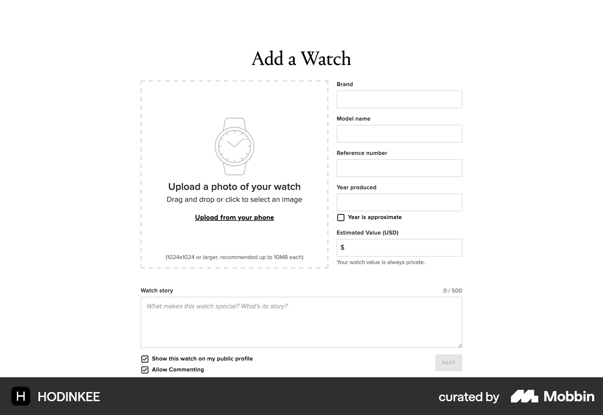 HODINKEE Web Web Form UI screen