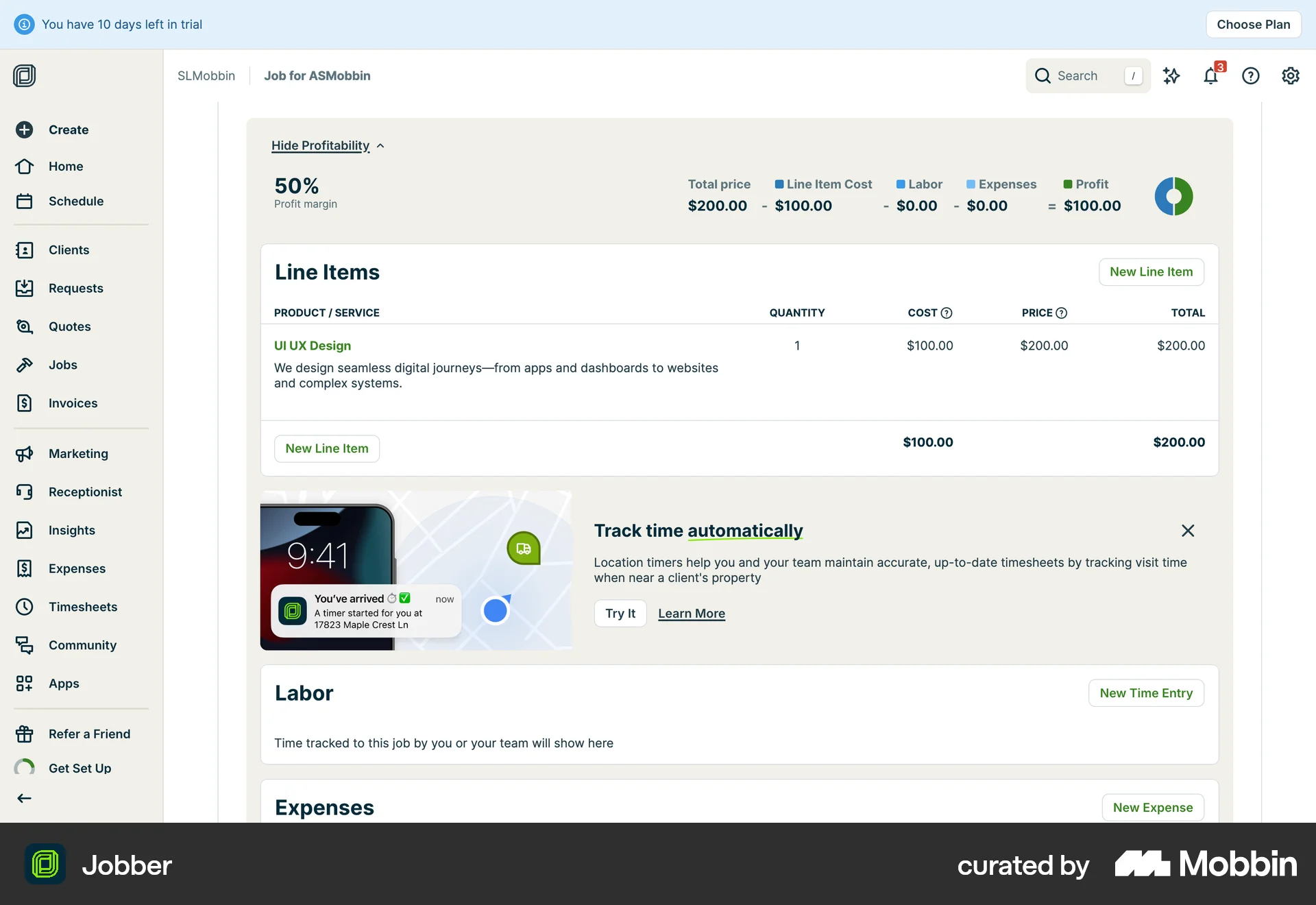 Jobber Web Feature Info screen