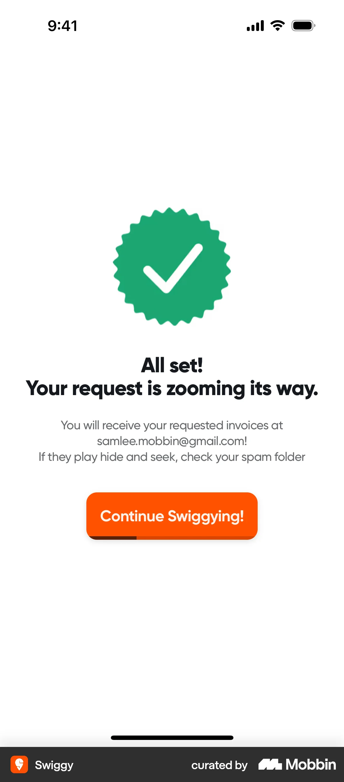 Swiggy iOS Acknowledgement & Success screen