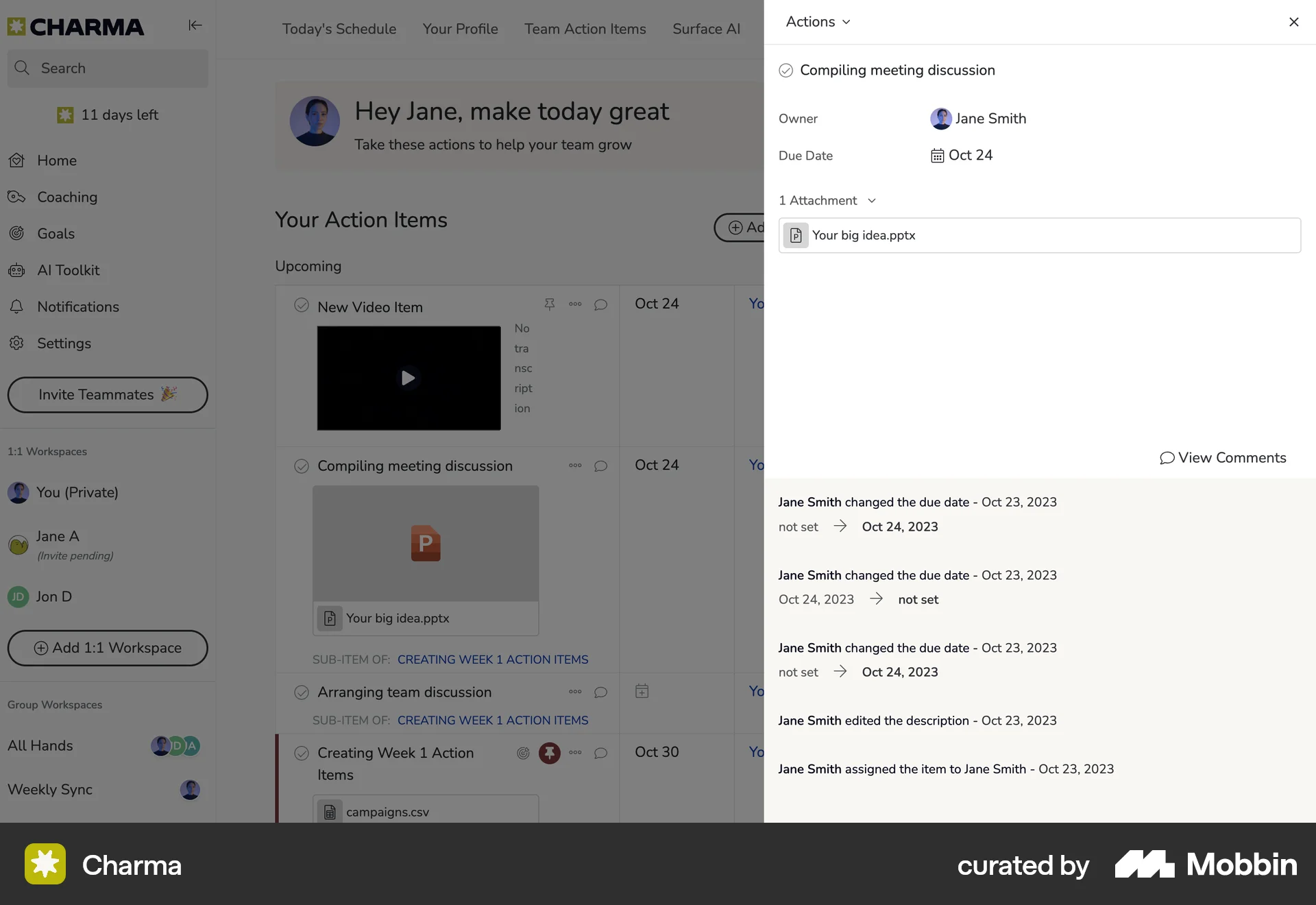 Charma Web Timeline & History screen