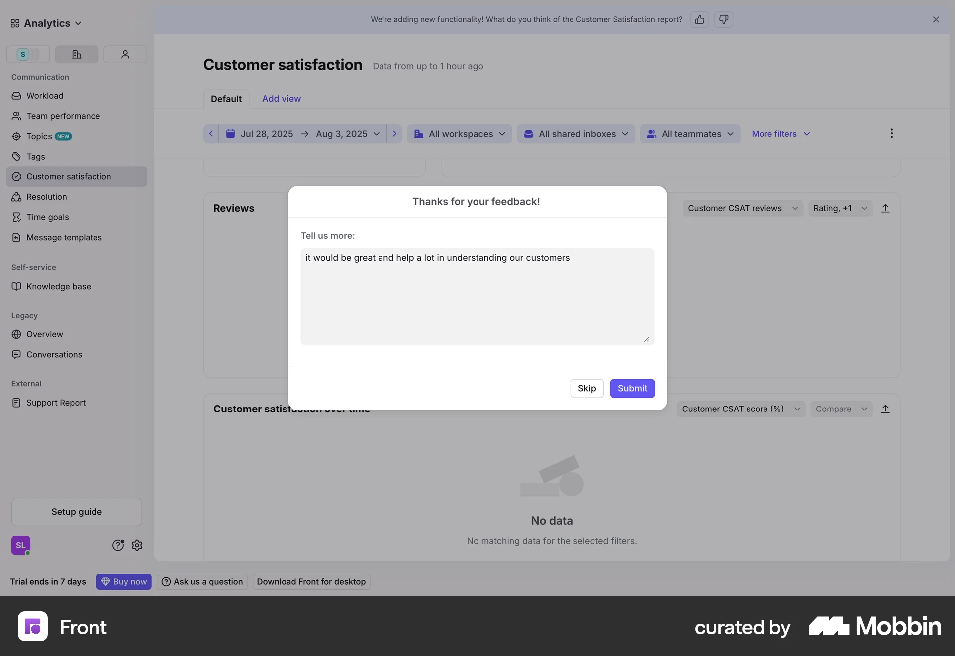 Front Web Feedback screen