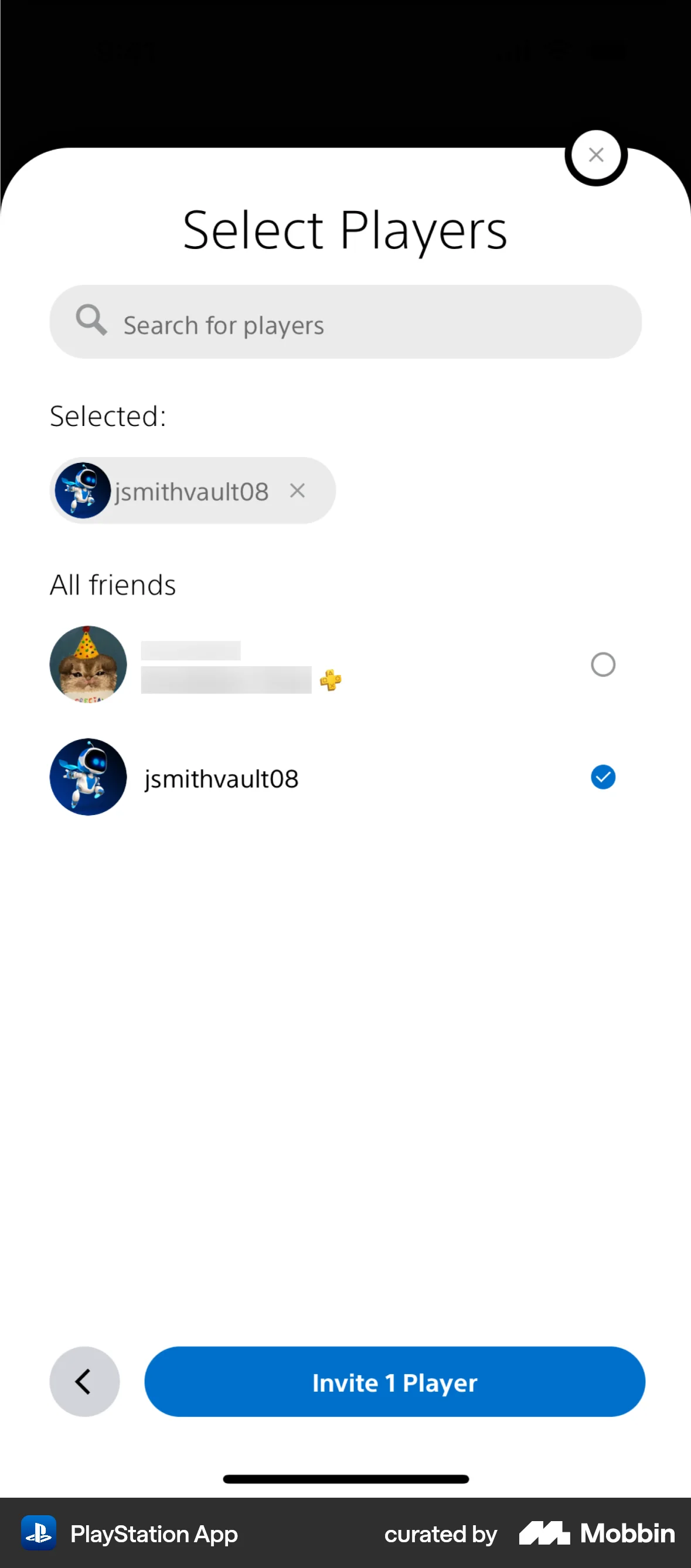 PlayStation App iOS Invite Teammates screen