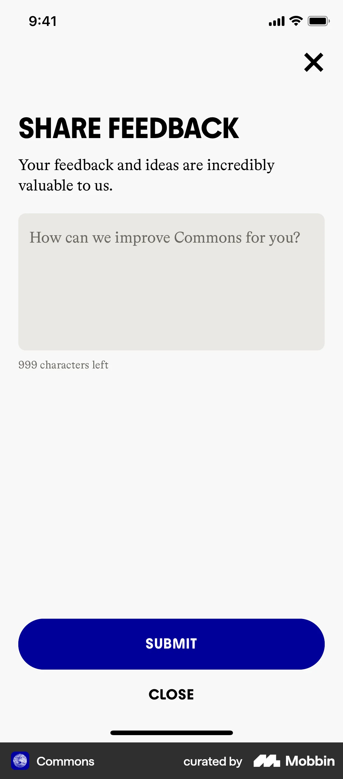 Commons iOS Feedback screen