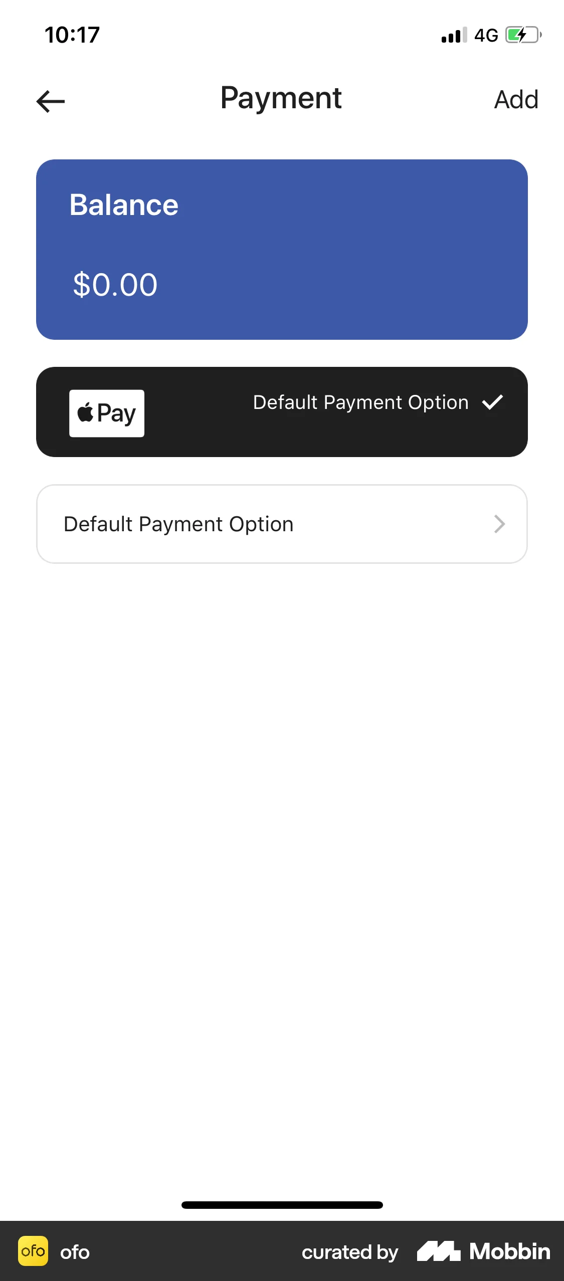 ofo iOS Payment Method screen