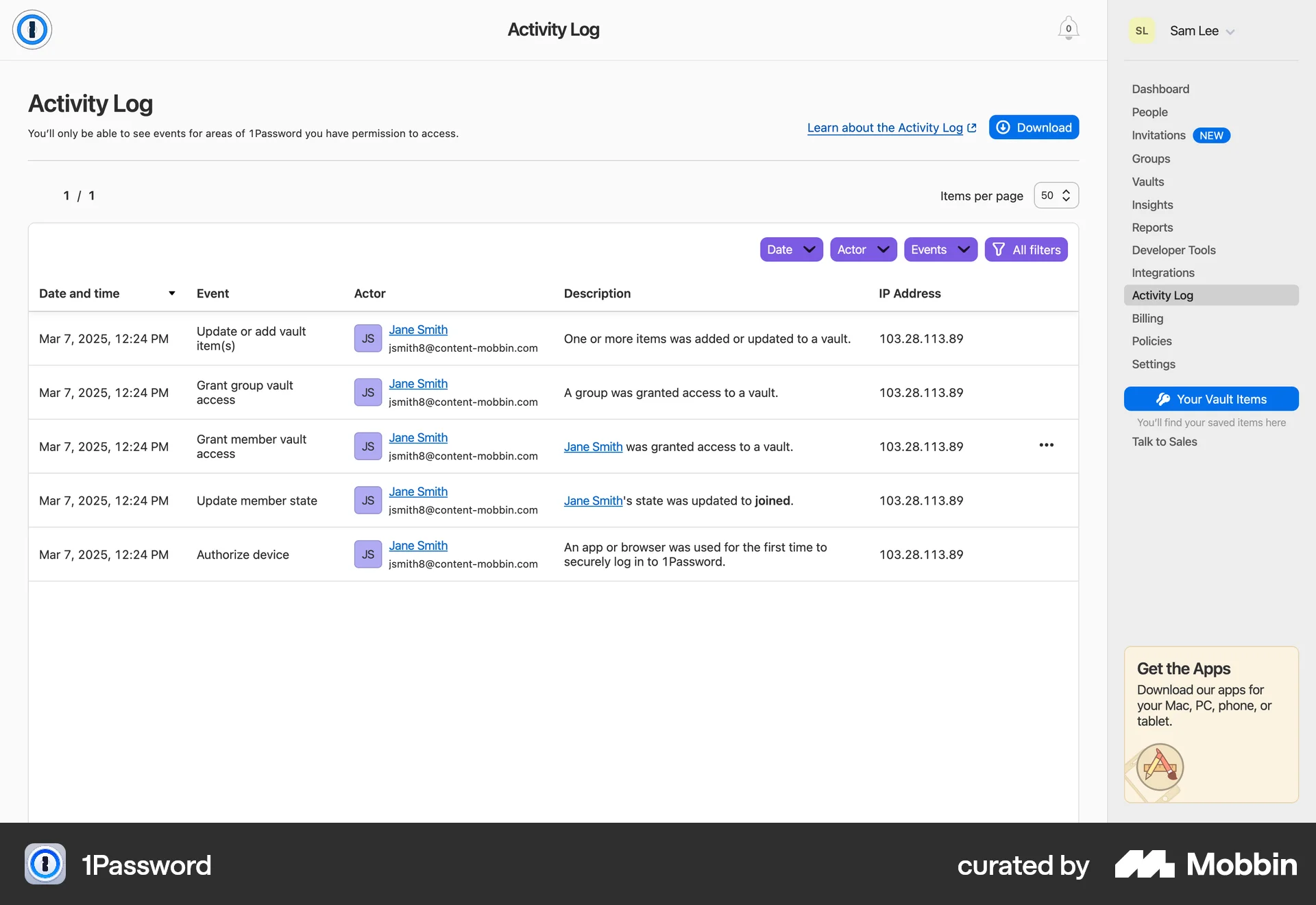 1Password Web Log Dashboard screen