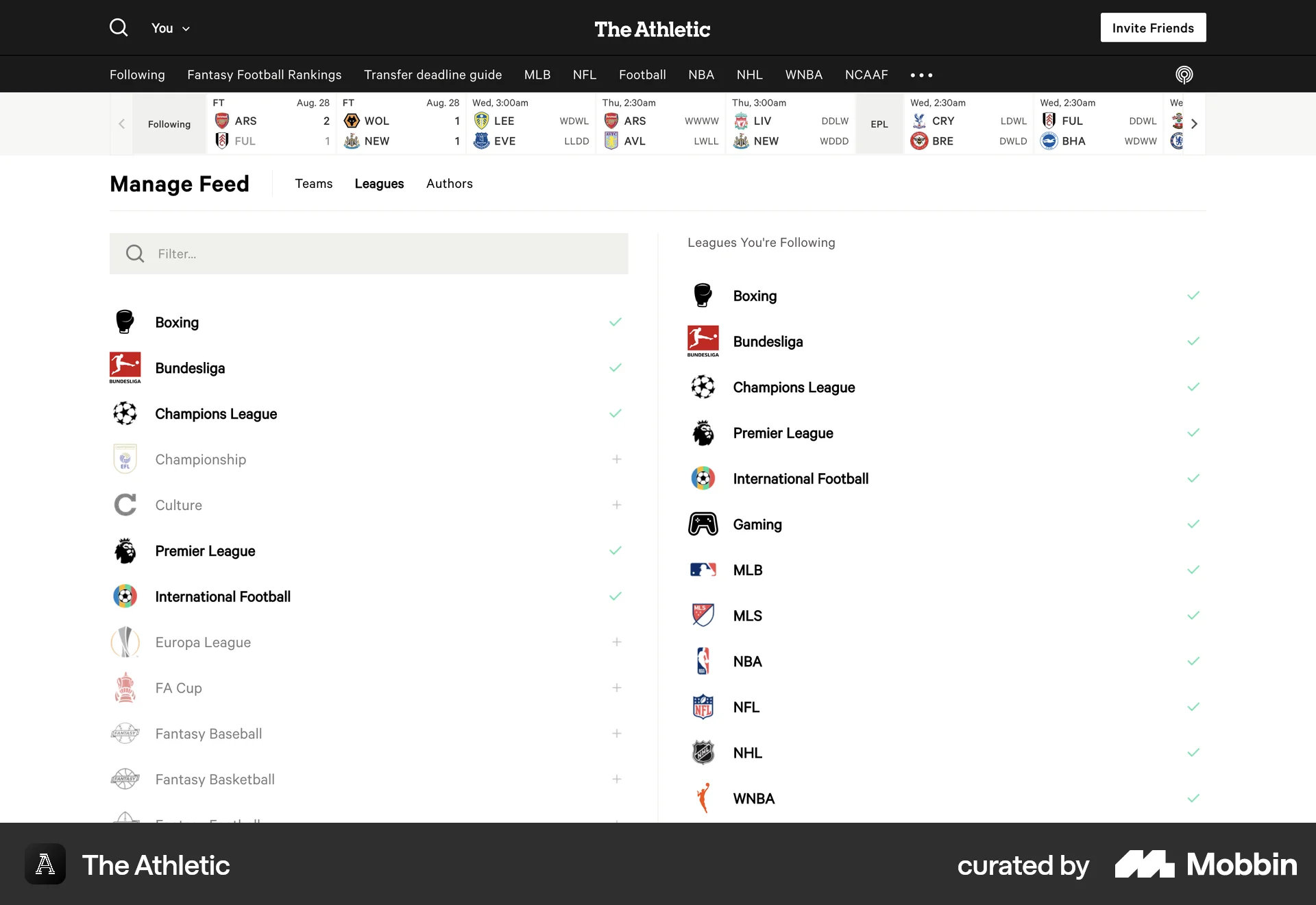 The Athletic Web Followers & Following screen